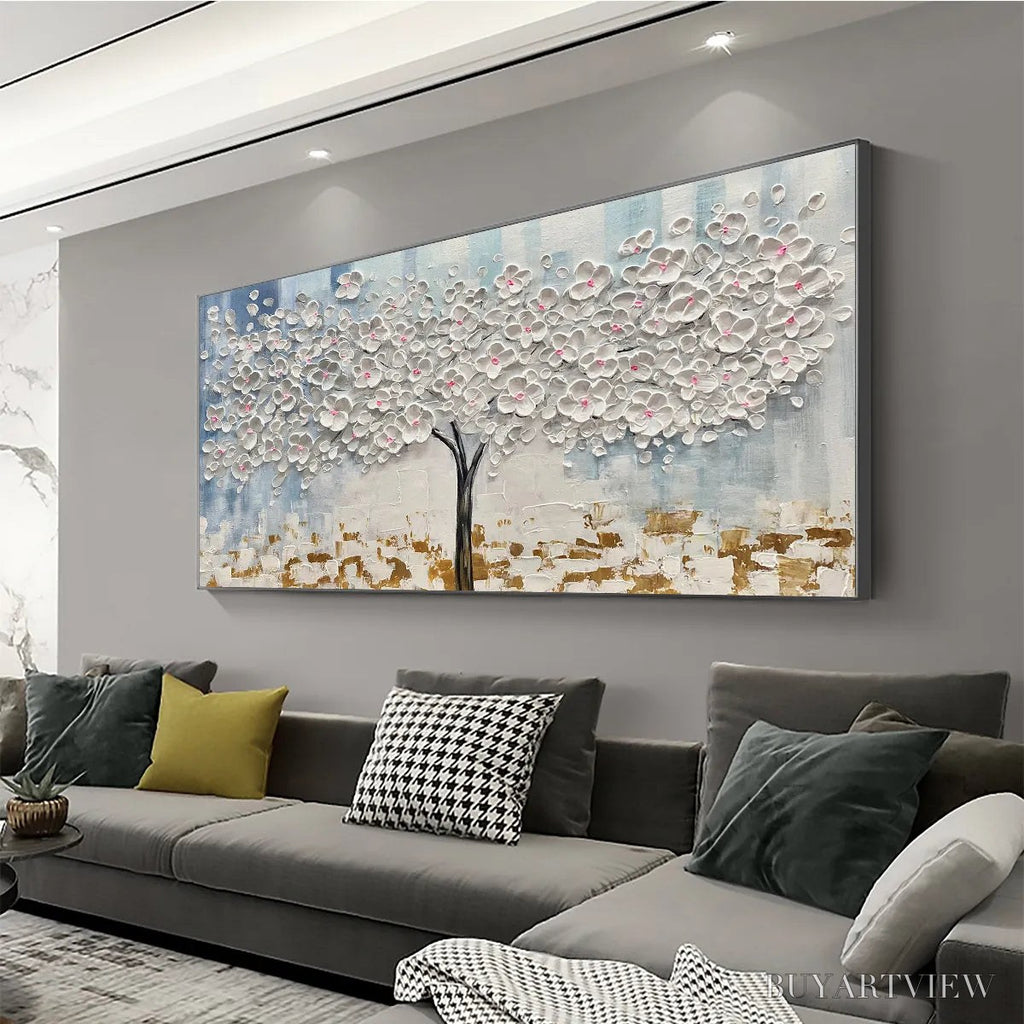 ARTOVITAS Blossom Dream – Textured Blossom Tree Painting in White and Gold - image 4