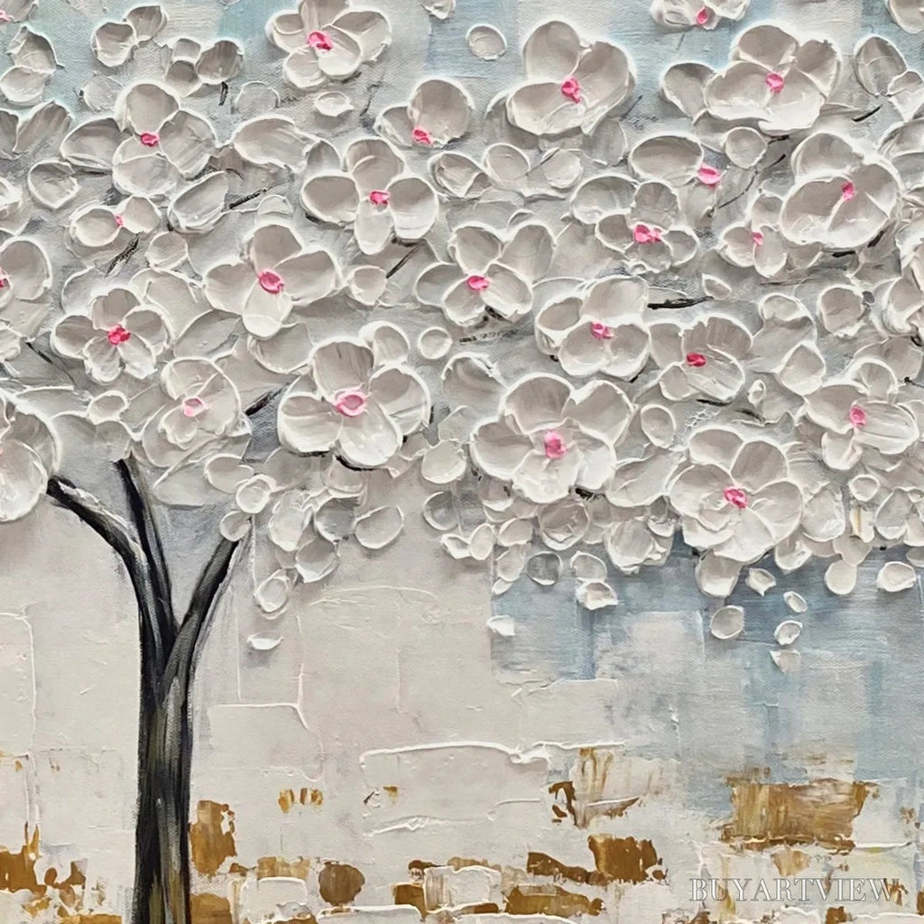 ARTOVITAS Blossom Dream – Textured Blossom Tree Painting in White and Gold - image 5