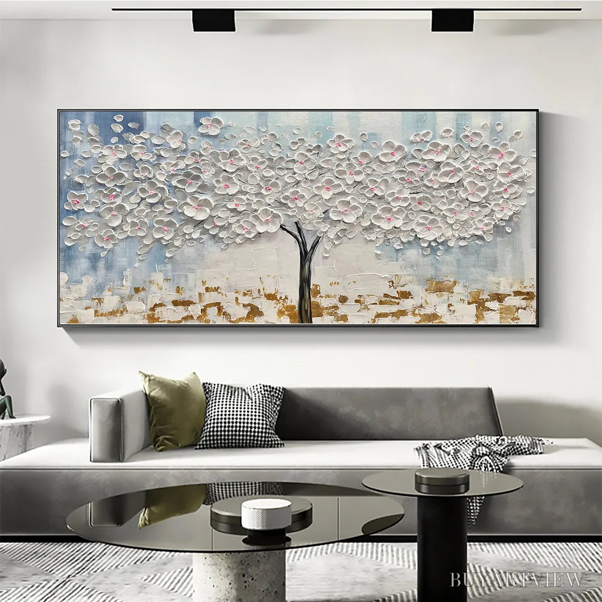 ARTOVITAS Blossom Dream – Textured Blossom Tree Painting in White and Gold - image 6
