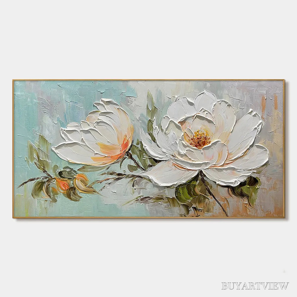 ARTOVITAS Peony Harmony – Impasto Peony Painting in Soft White and Peach - image 1