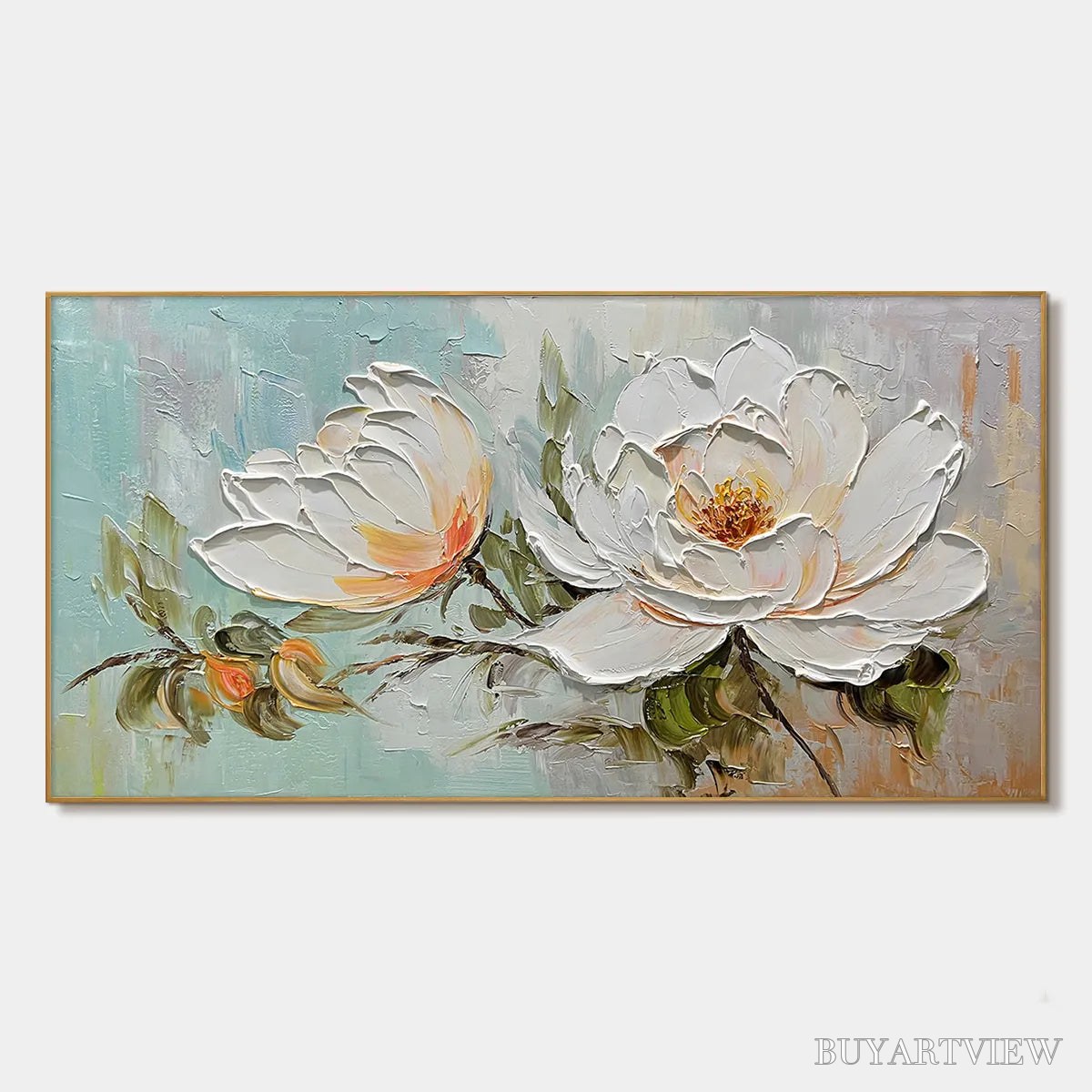 ARTOVITAS Peony Harmony – Impasto Peony Painting in Soft White and Peach - image 1