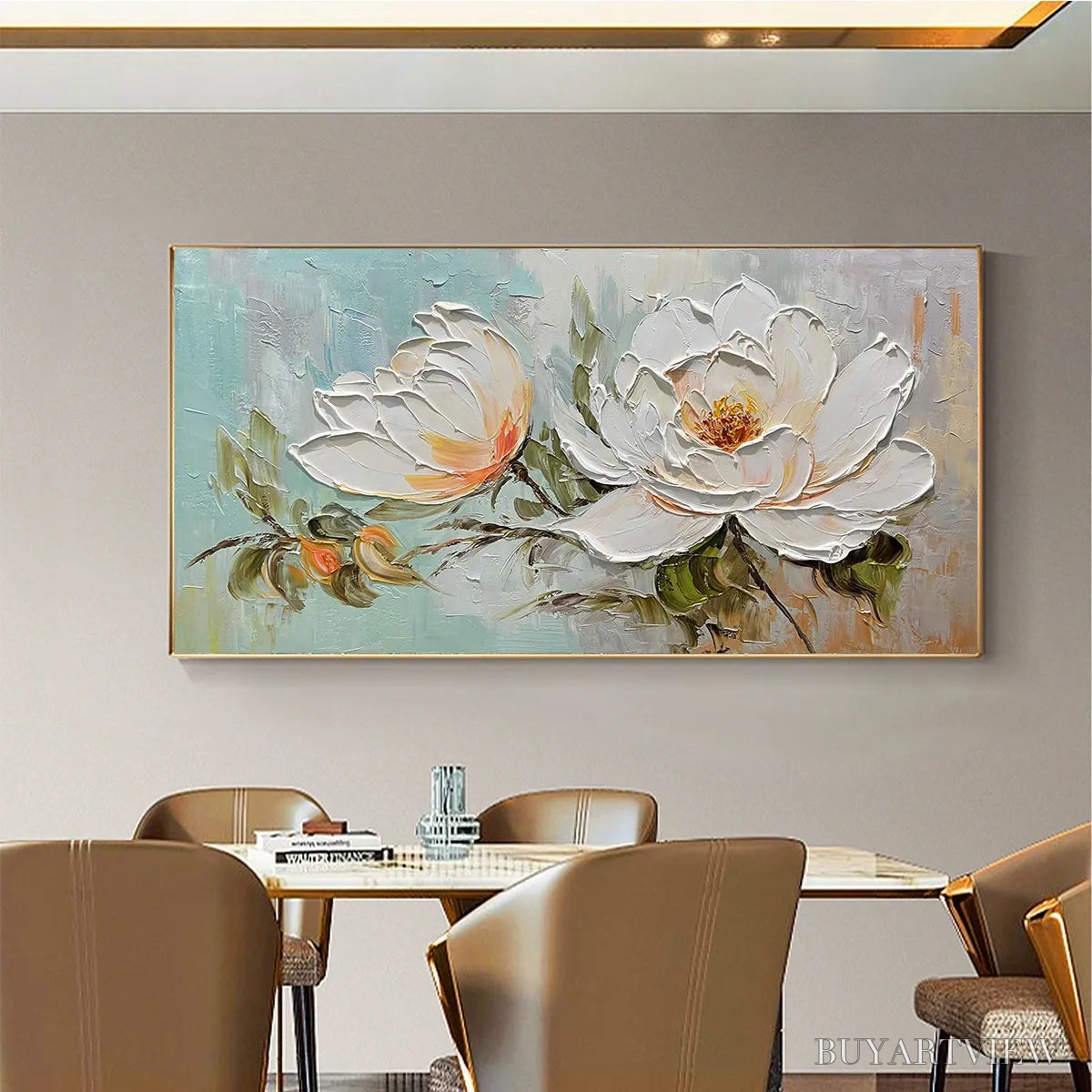 ARTOVITAS Peony Harmony – Impasto Peony Painting in Soft White and Peach - image 2