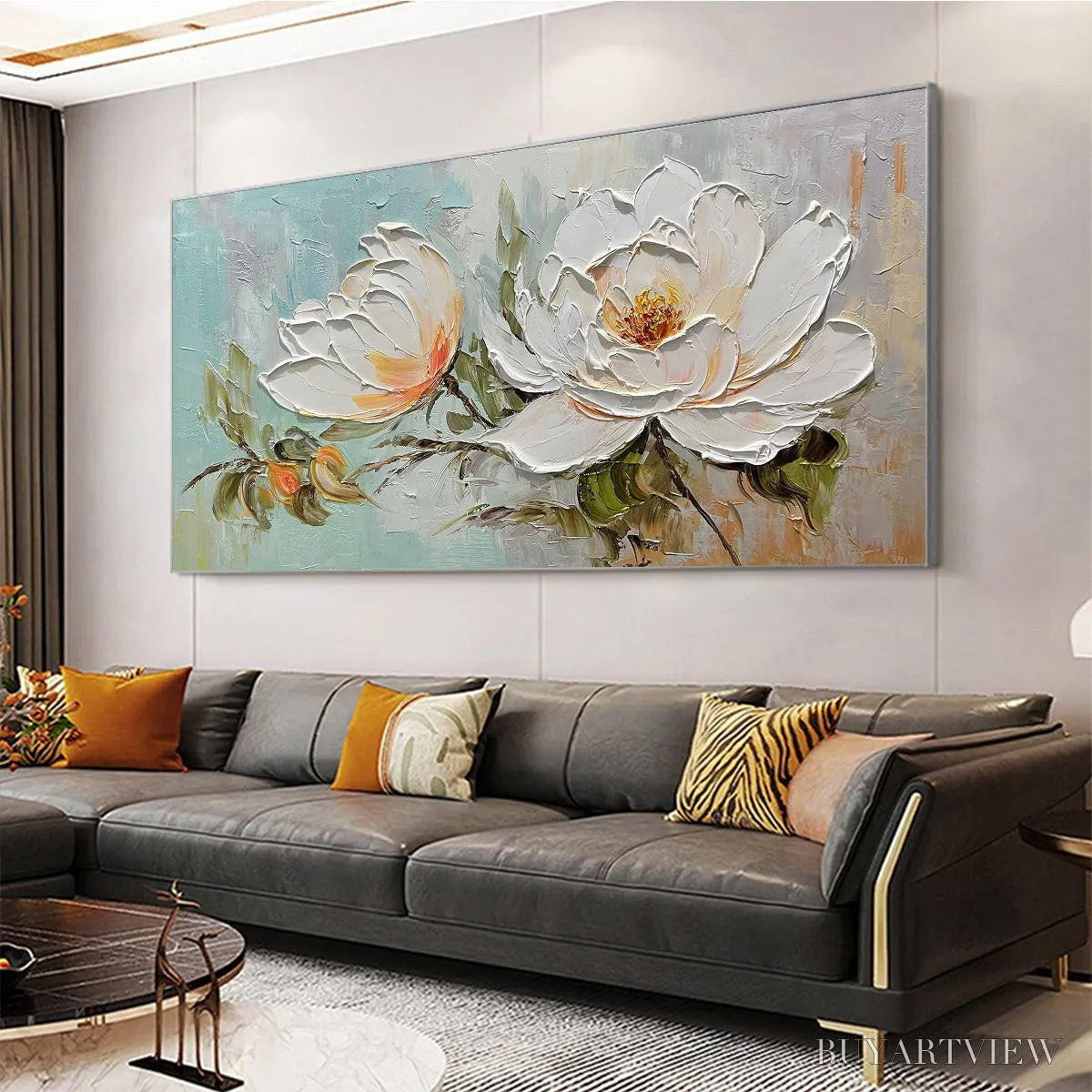 ARTOVITAS Peony Harmony – Impasto Peony Painting in Soft White and Peach - image 4