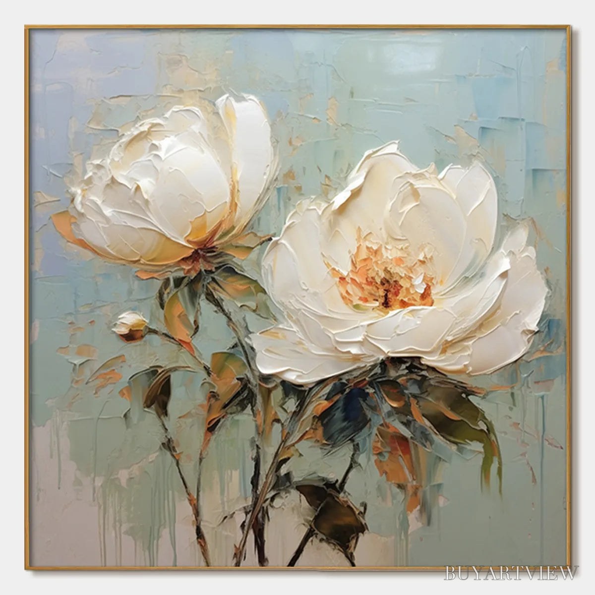 ARTOVITAS White Peony Duet – Square Impasto Peony Painting in Soft White - image 1