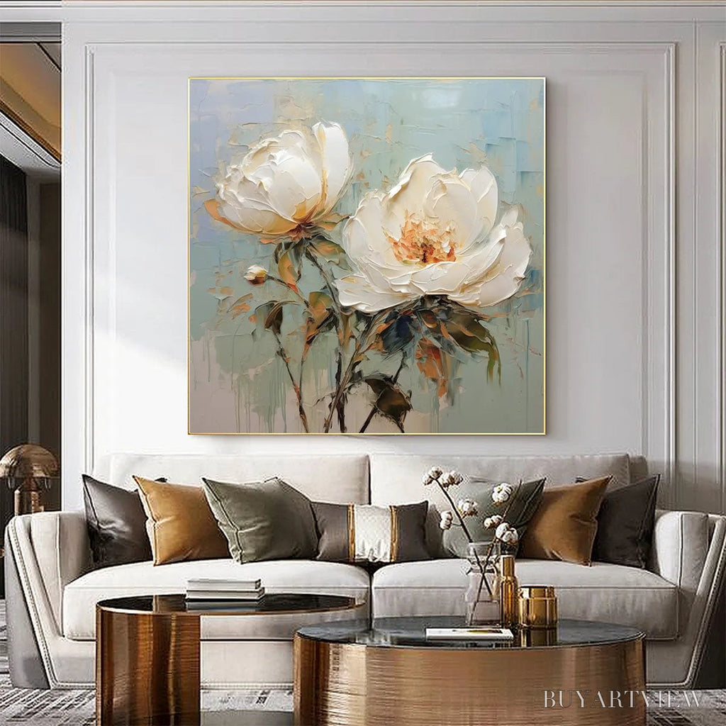 ARTOVITAS White Peony Duet – Square Impasto Peony Painting in Soft White - image 2