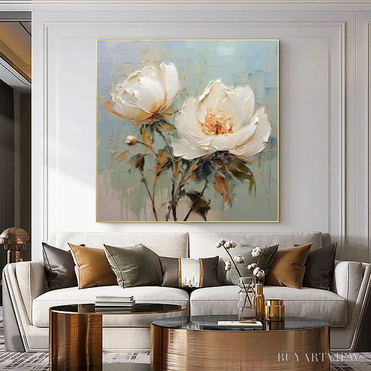ARTOVITAS White Peony Duet – Square Impasto Peony Painting in Soft White - image 2