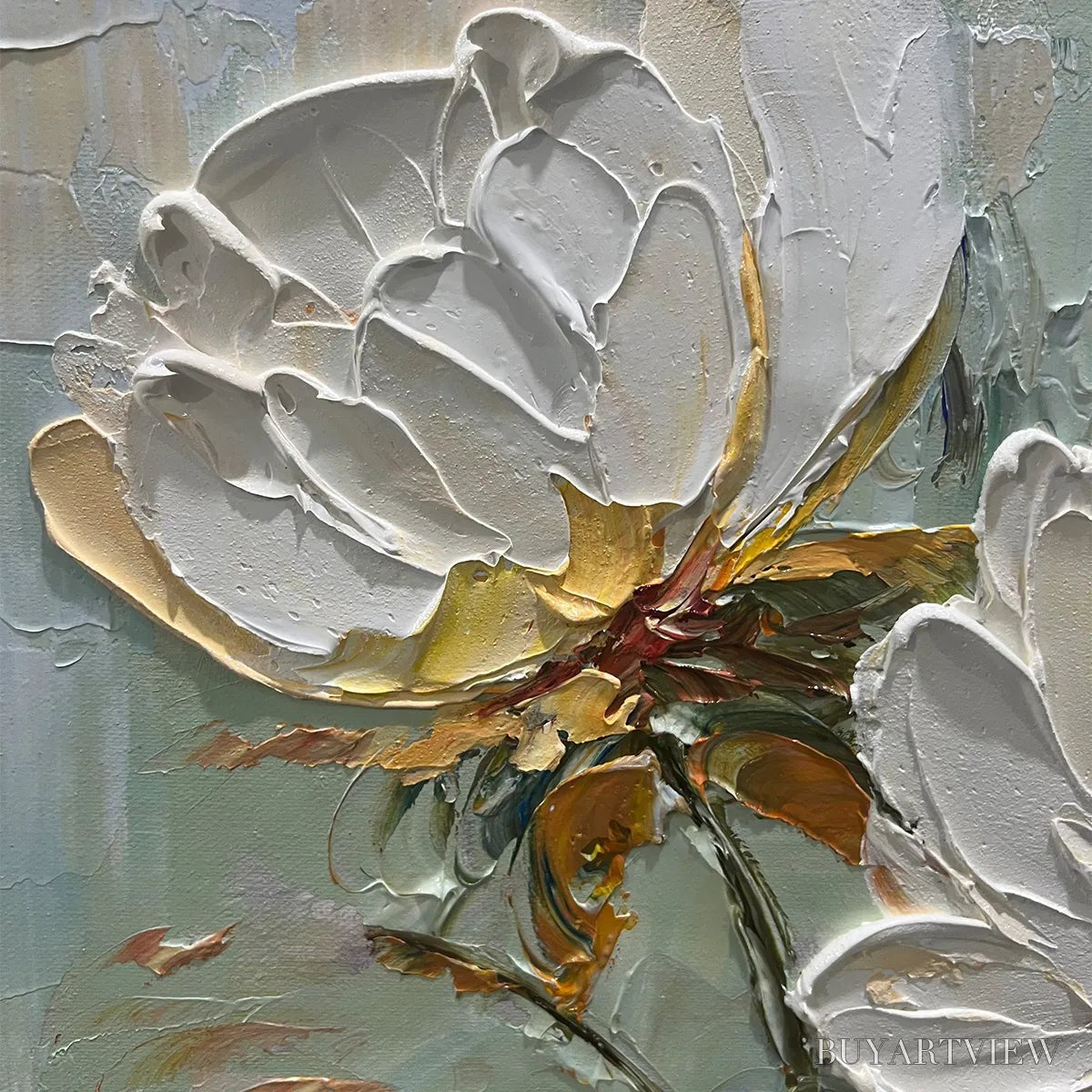 ARTOVITAS White Peony Duet – Square Impasto Peony Painting in Soft White - image 3