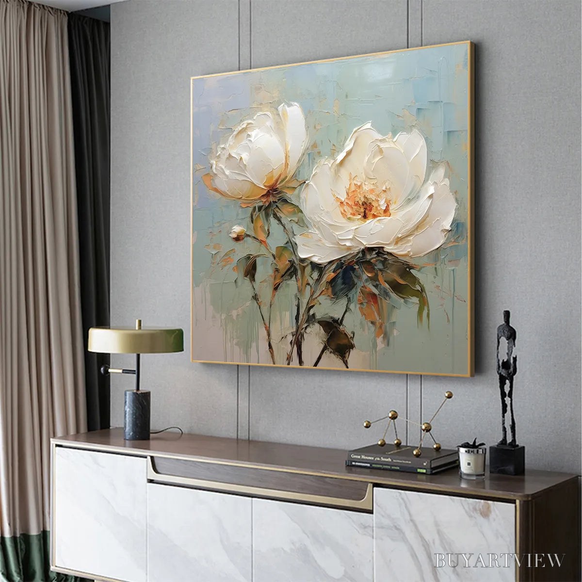 ARTOVITAS White Peony Duet – Square Impasto Peony Painting in Soft White - image 4