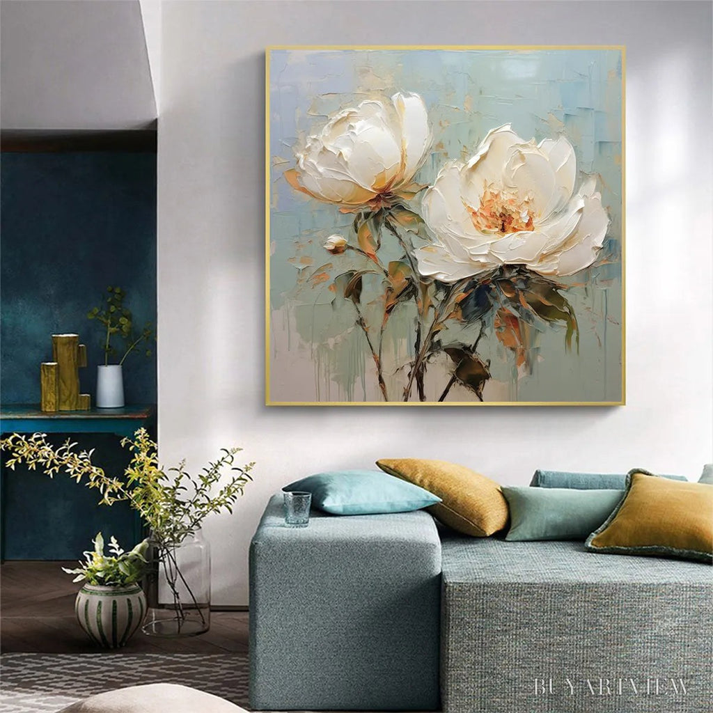 ARTOVITAS White Peony Duet – Square Impasto Peony Painting in Soft White - image 6