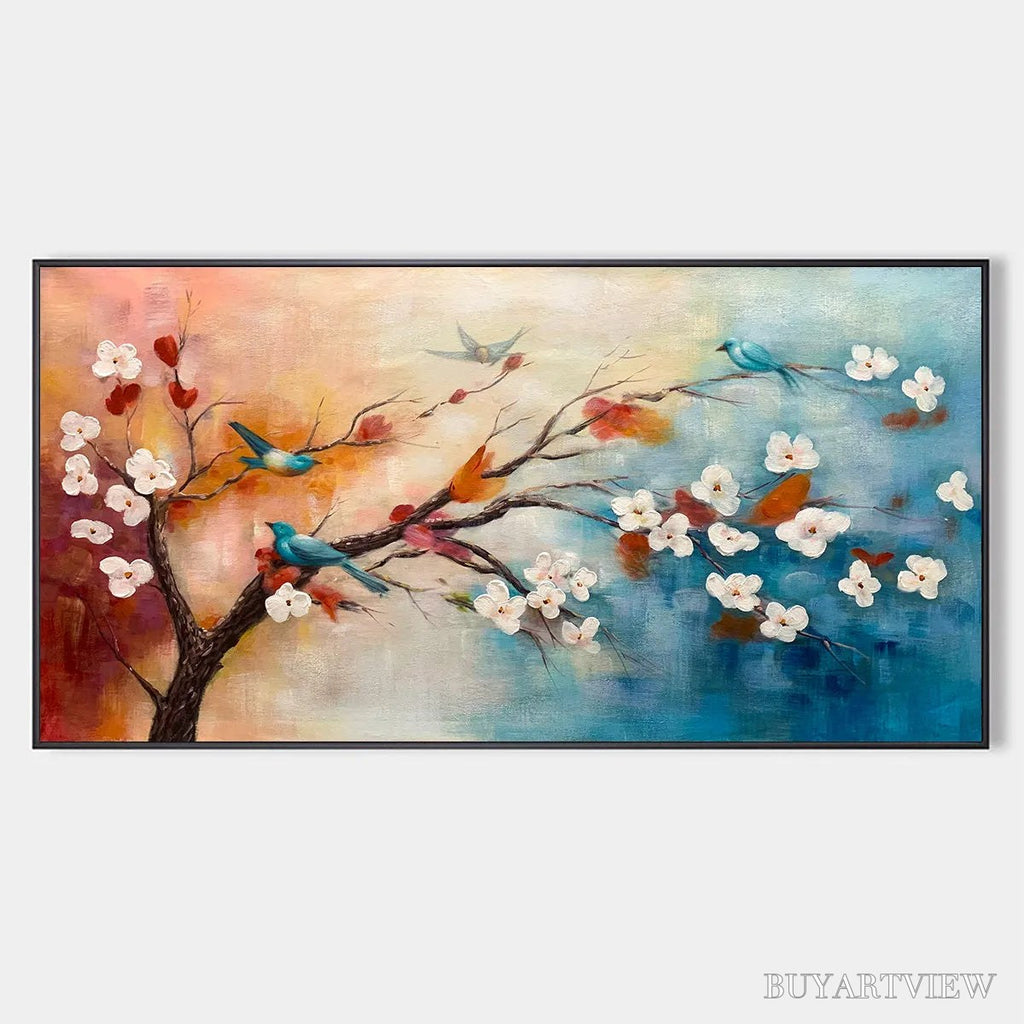 ARTOVITAS Spring Melody – Panoramic Blossom Tree Painting with Colorful Birds - image 1