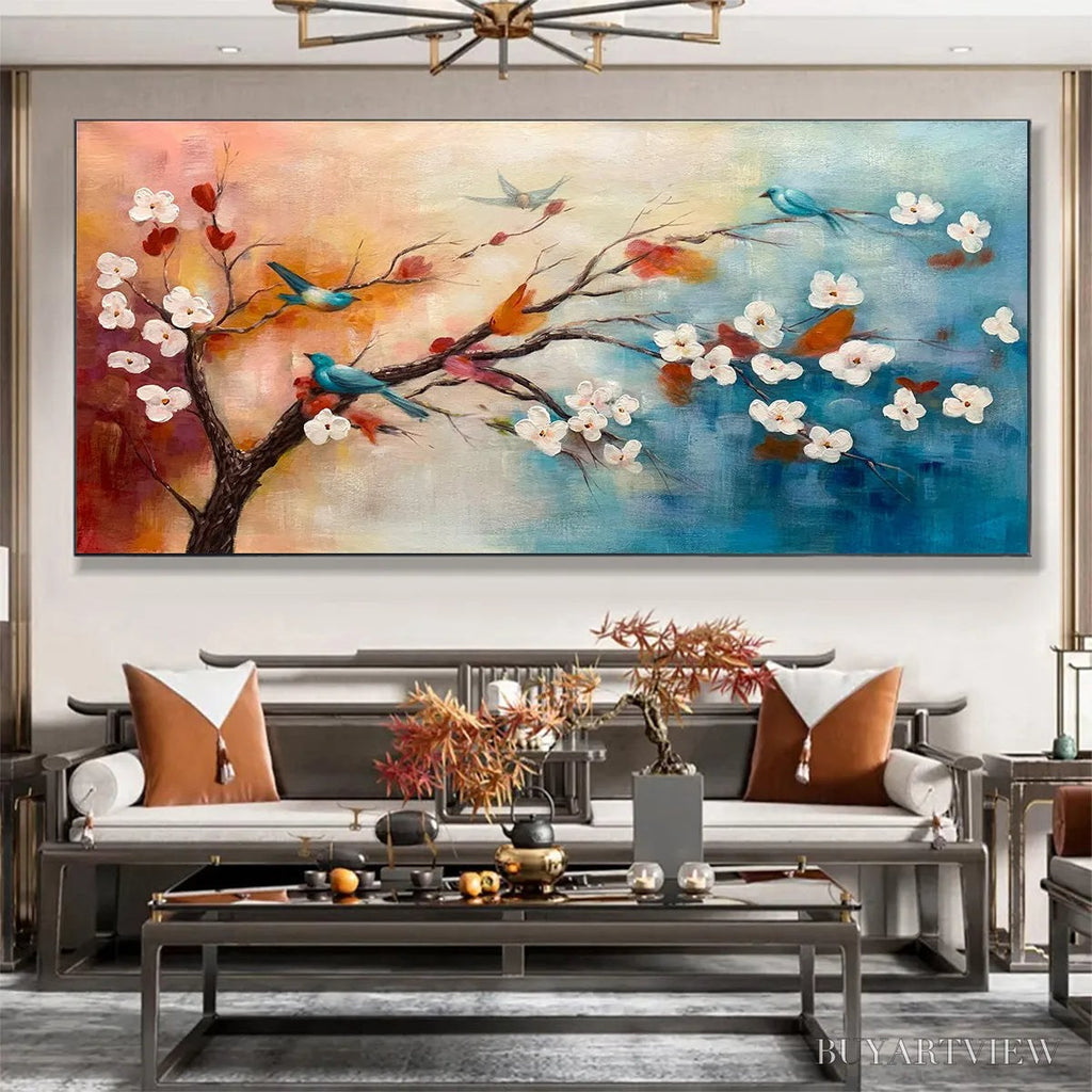 ARTOVITAS Spring Melody – Panoramic Blossom Tree Painting with Colorful Birds - image 2