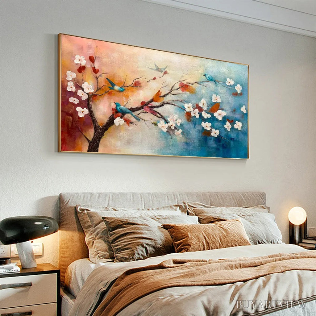 ARTOVITAS Spring Melody – Panoramic Blossom Tree Painting with Colorful Birds - image 5