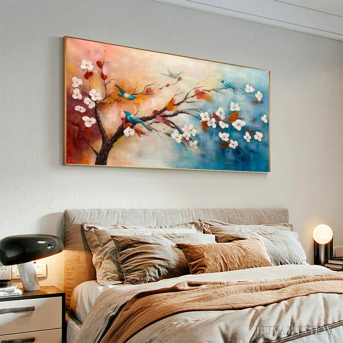 ARTOVITAS Spring Melody – Panoramic Blossom Tree Painting with Colorful Birds - image 5