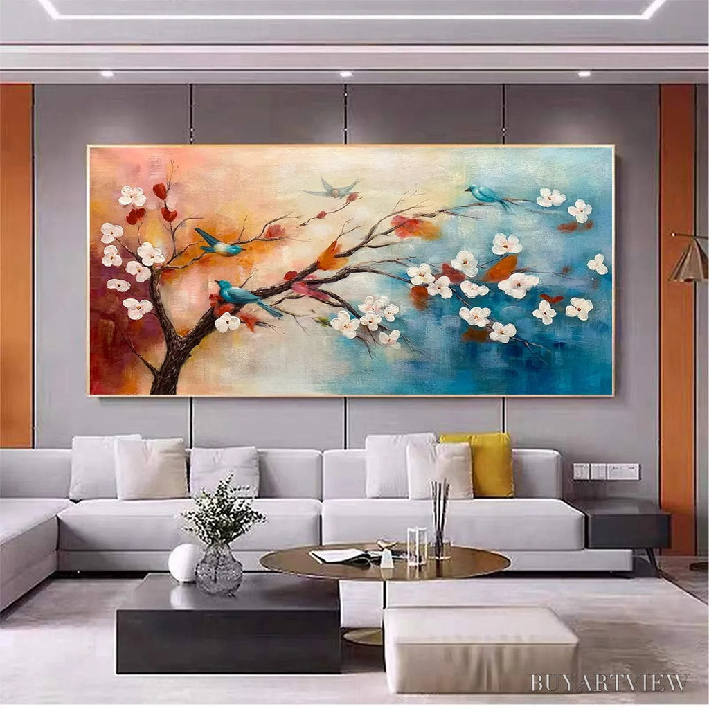 ARTOVITAS Spring Melody – Panoramic Blossom Tree Painting with Colorful Birds - image 6