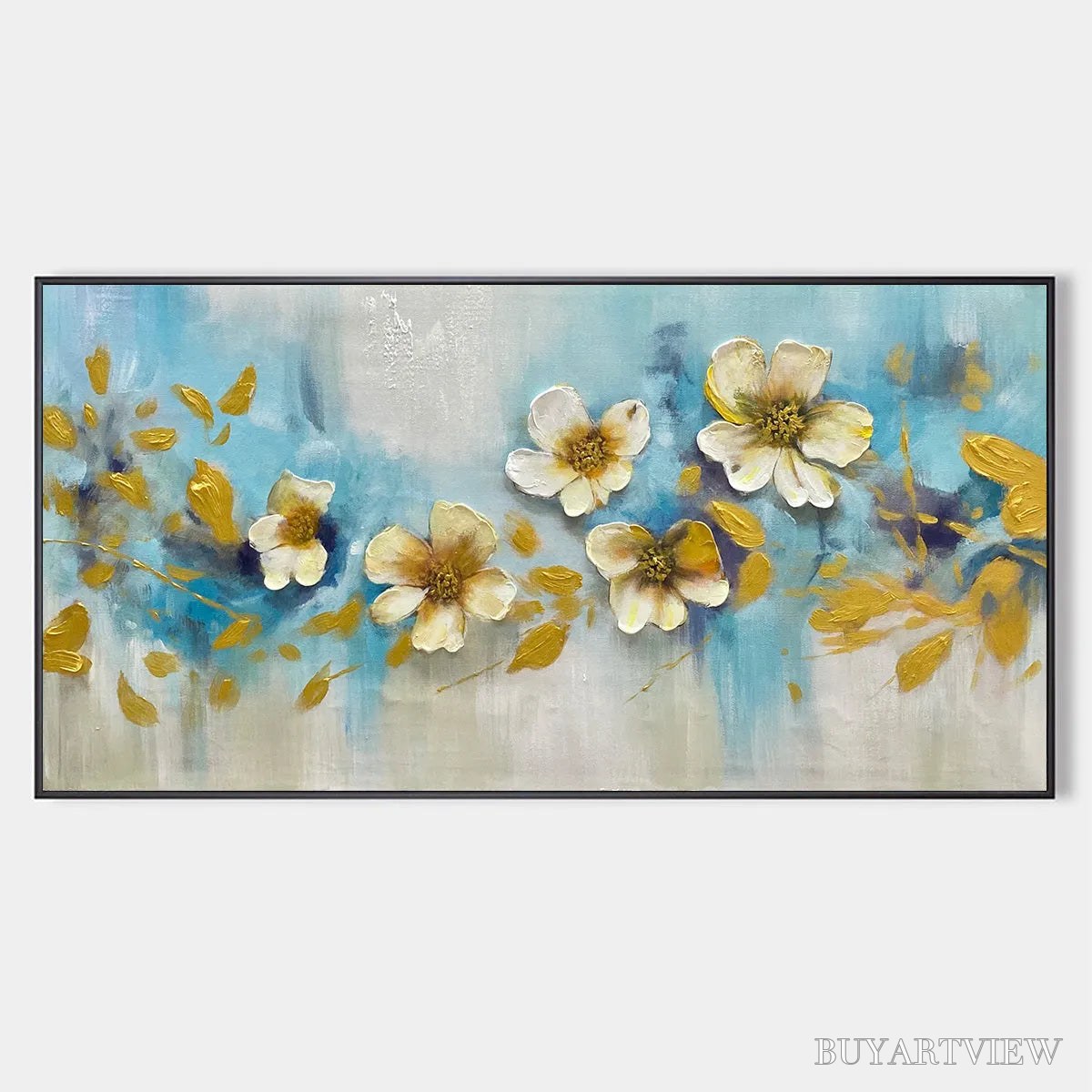 ARTOVITAS Golden Blossom Drift – Floral Painting with Gold Accents - image 1