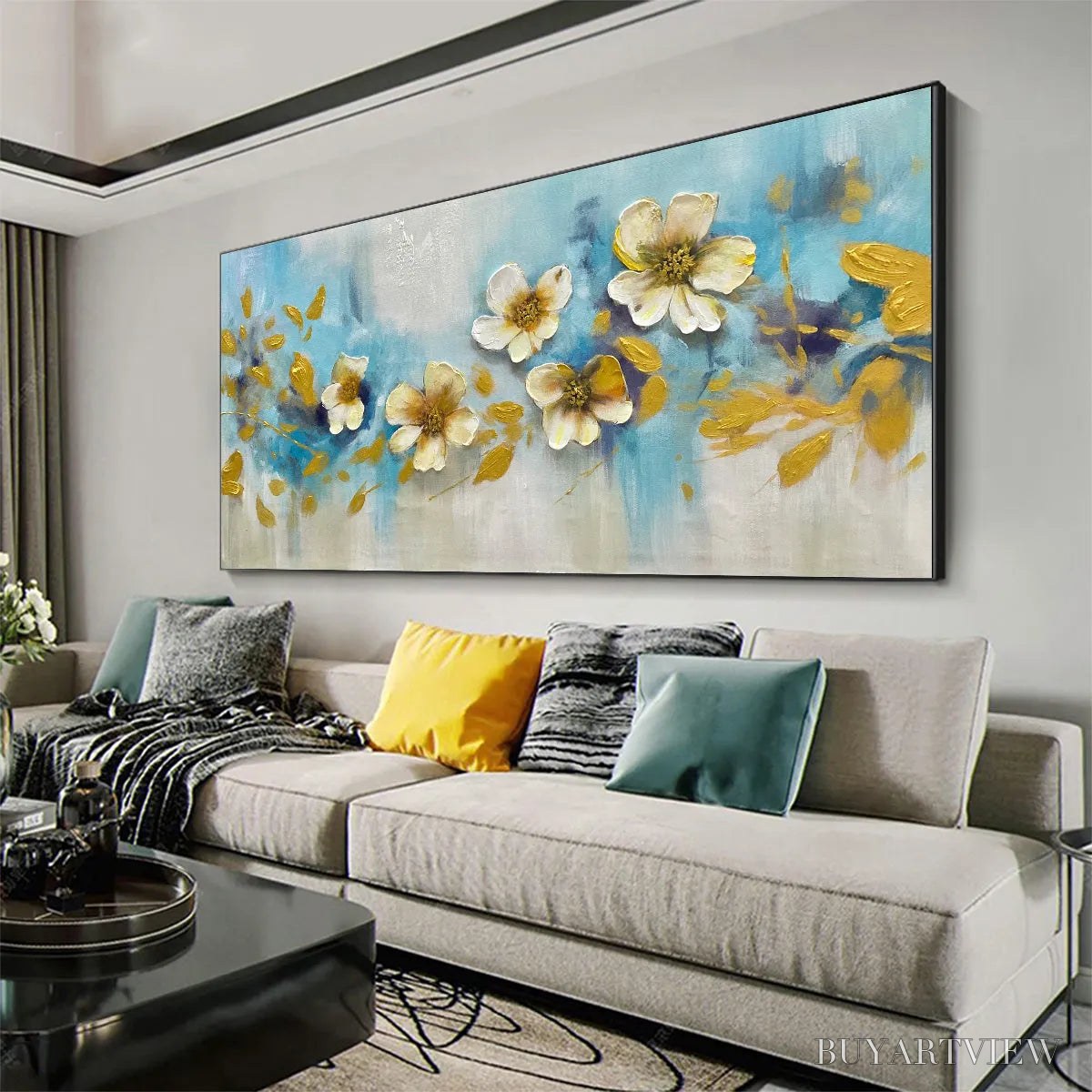 ARTOVITAS Golden Blossom Drift – Floral Painting with Gold Accents - image 5
