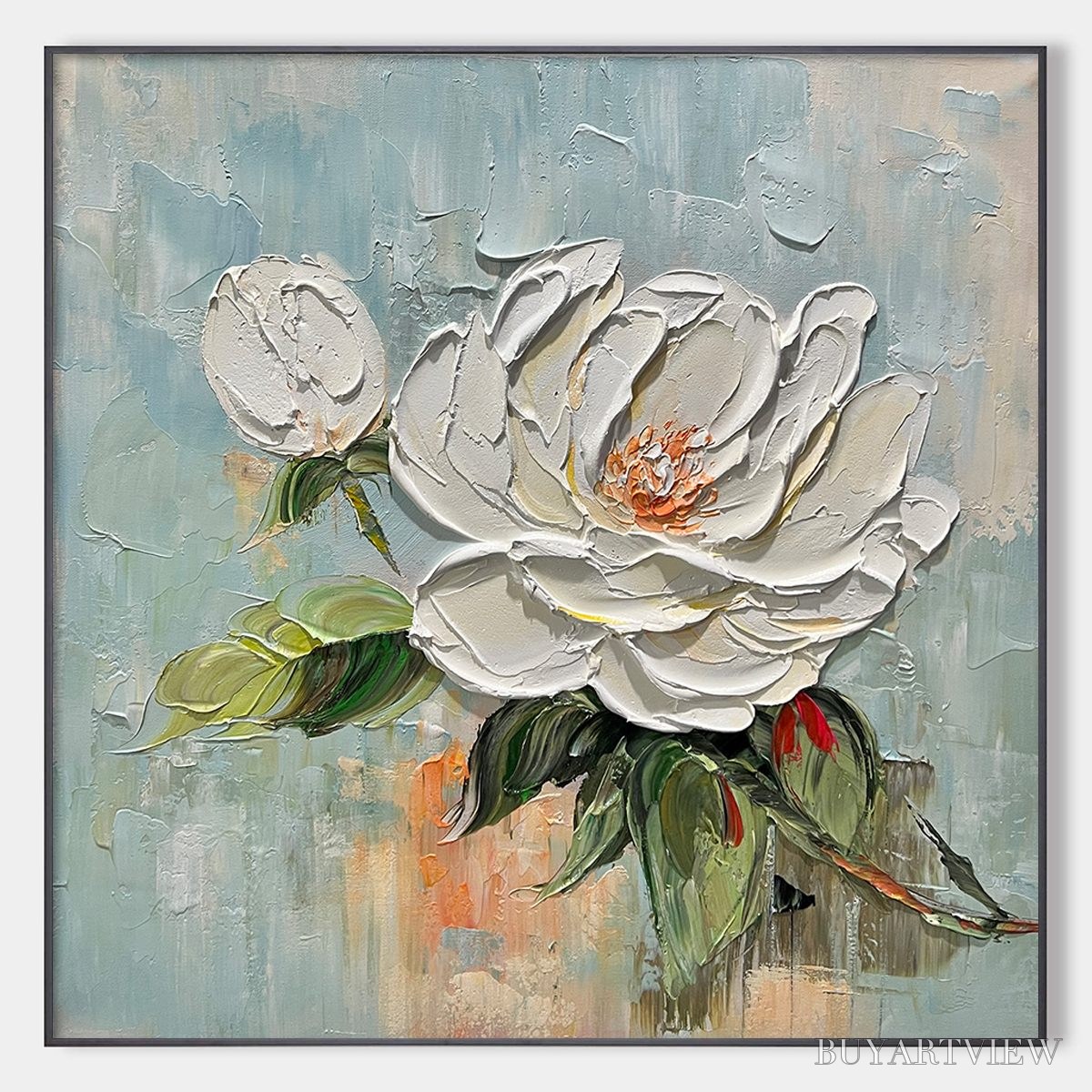 ARTOVITAS Blossom'S Grace – Textured Impasto Magnolia Painting on Square Canvas - image 1