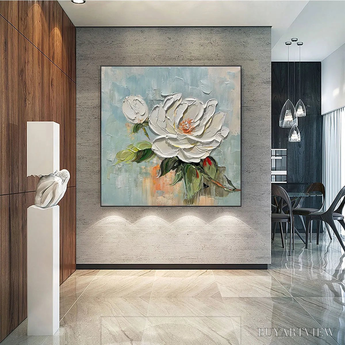ARTOVITAS Blossom'S Grace – Textured Impasto Magnolia Painting on Square Canvas - image 2