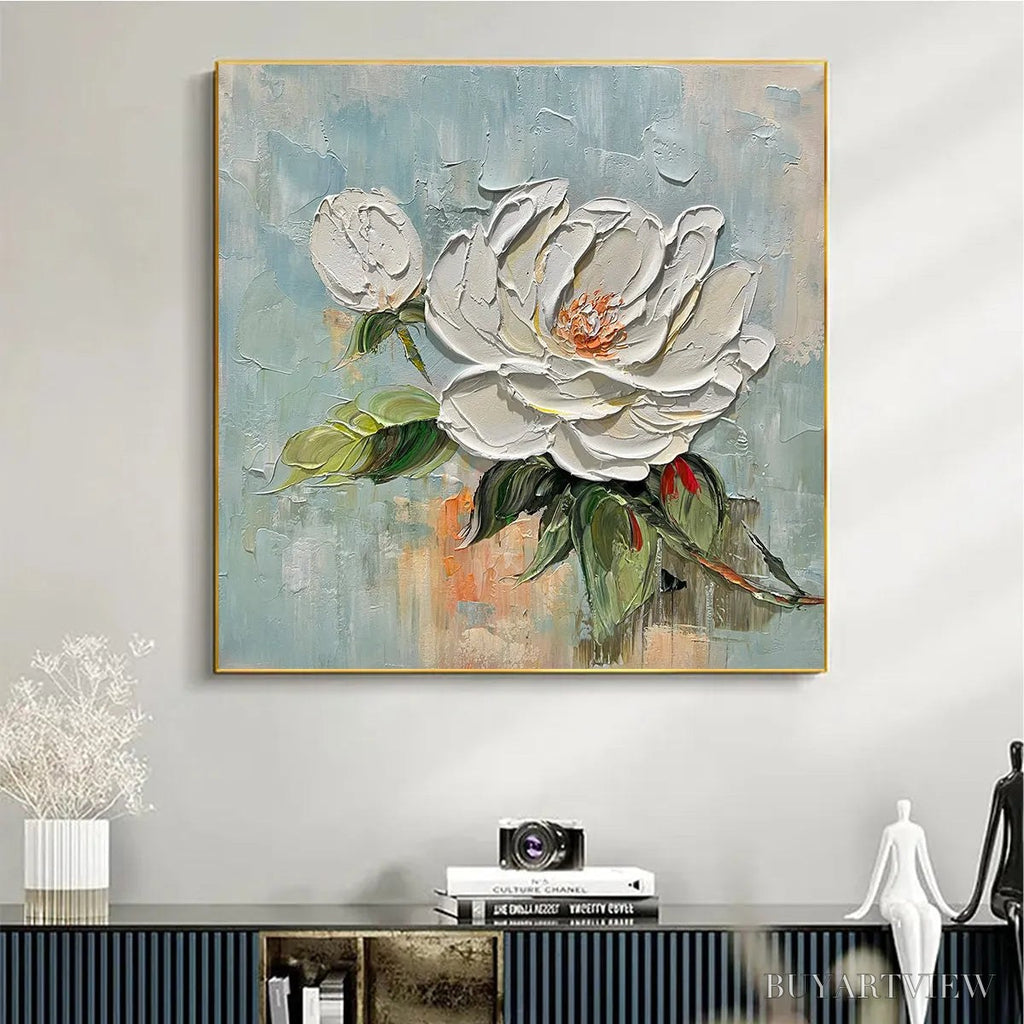 ARTOVITAS Blossom'S Grace – Textured Impasto Magnolia Painting on Square Canvas - image 4