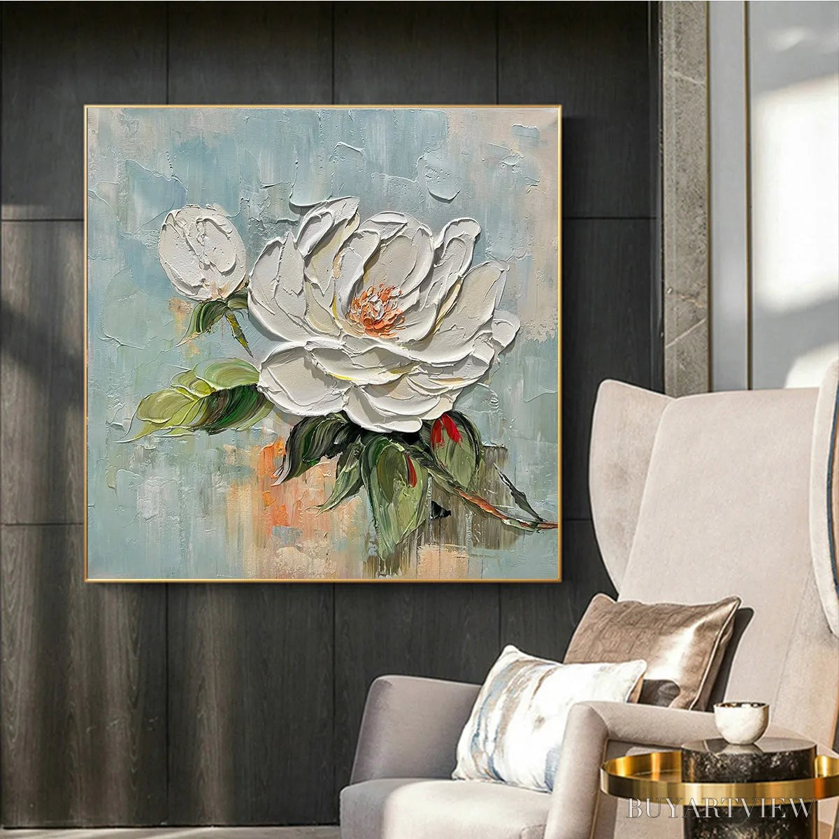 ARTOVITAS Blossom'S Grace – Textured Impasto Magnolia Painting on Square Canvas - image 5