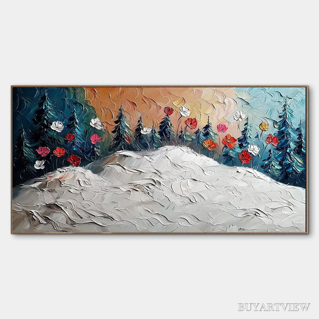 ARTOVITAS Frozen Bloom – Textured Impasto Landscape with Floral Accents - image 1