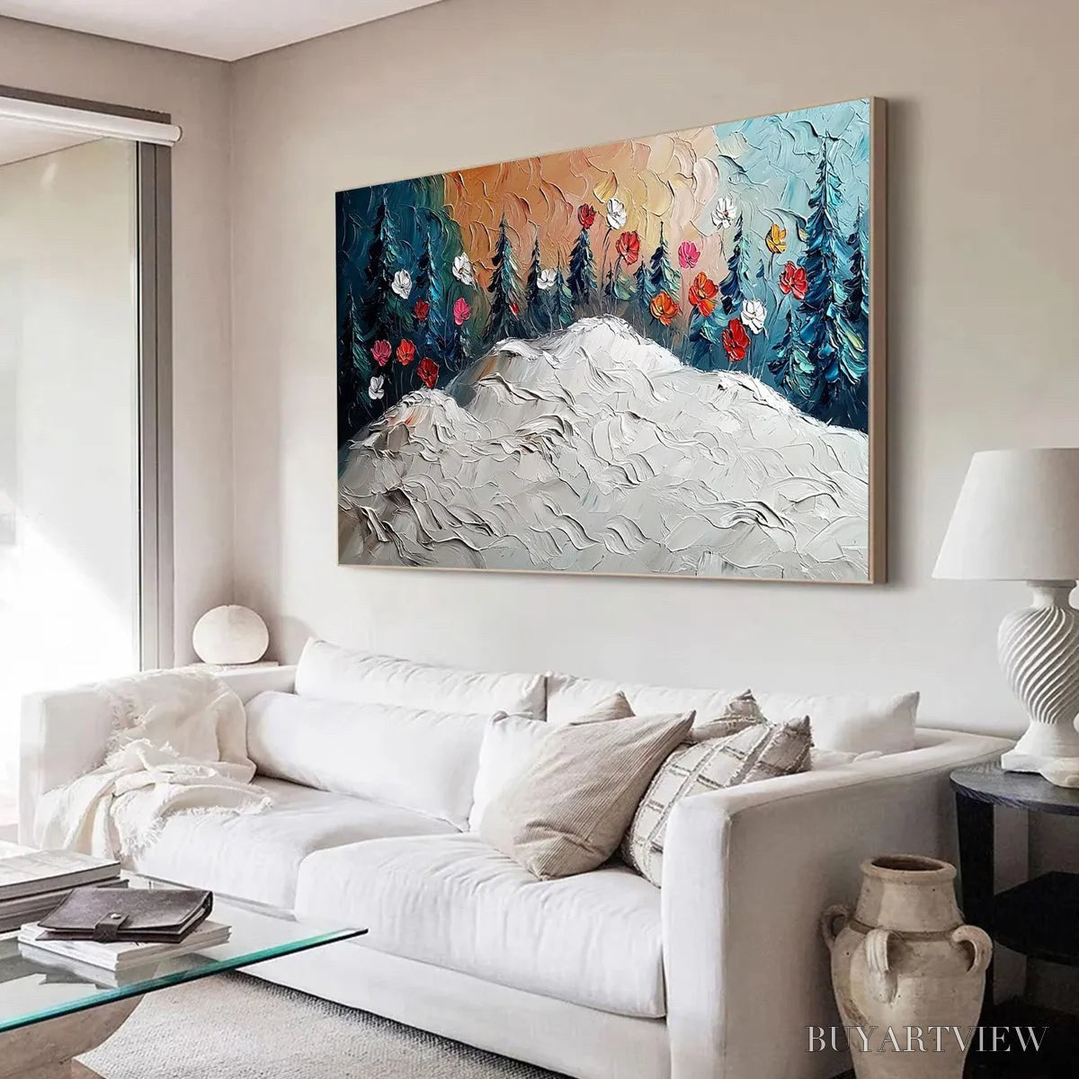 ARTOVITAS Frozen Bloom – Textured Impasto Landscape with Floral Accents - image 2