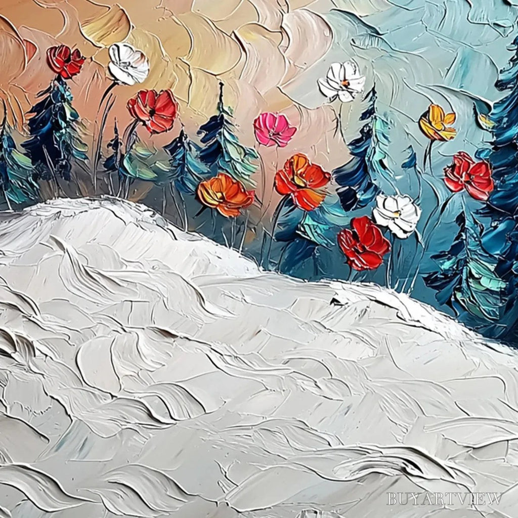 ARTOVITAS Frozen Bloom – Textured Impasto Landscape with Floral Accents - image 3