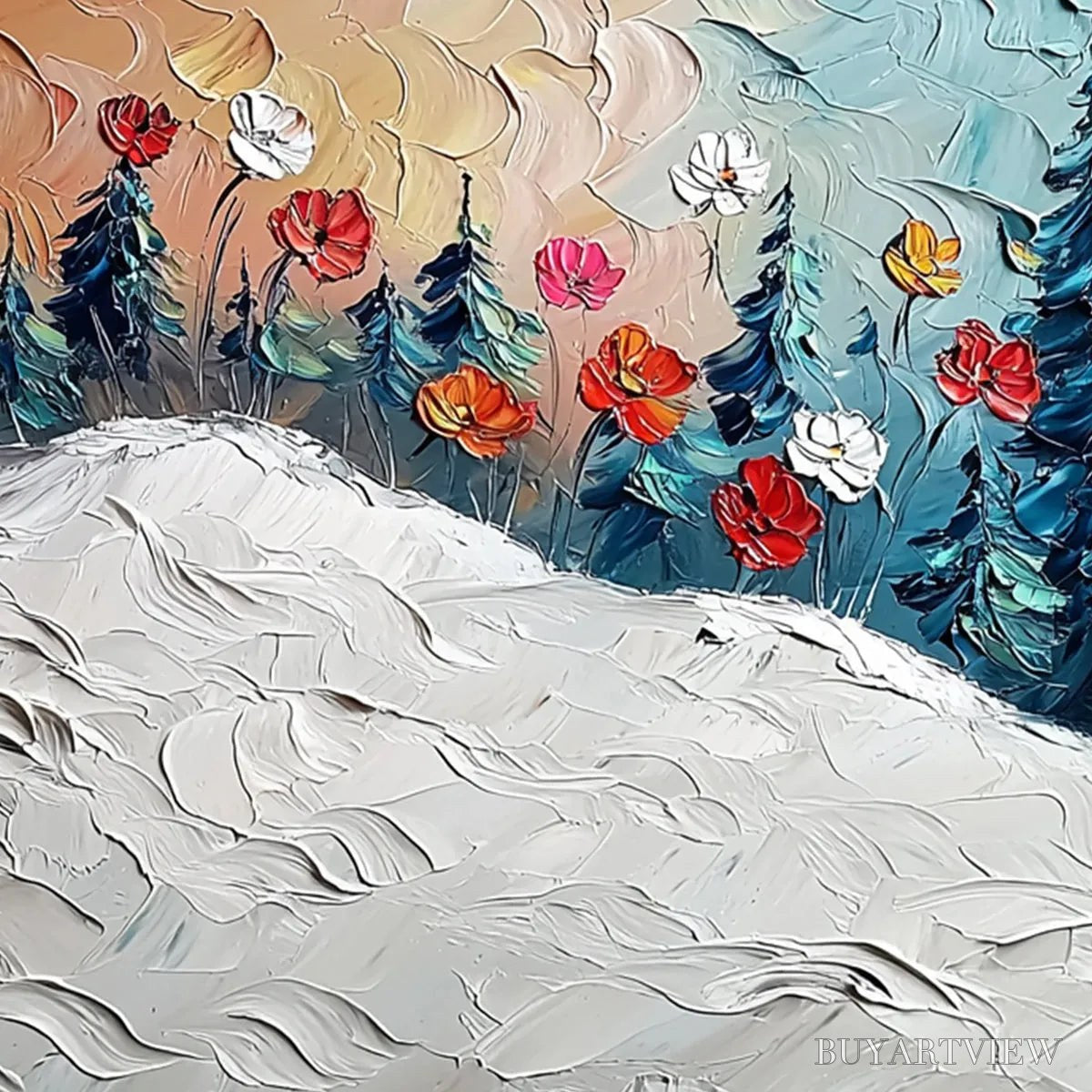 ARTOVITAS Frozen Bloom – Textured Impasto Landscape with Floral Accents - image 3