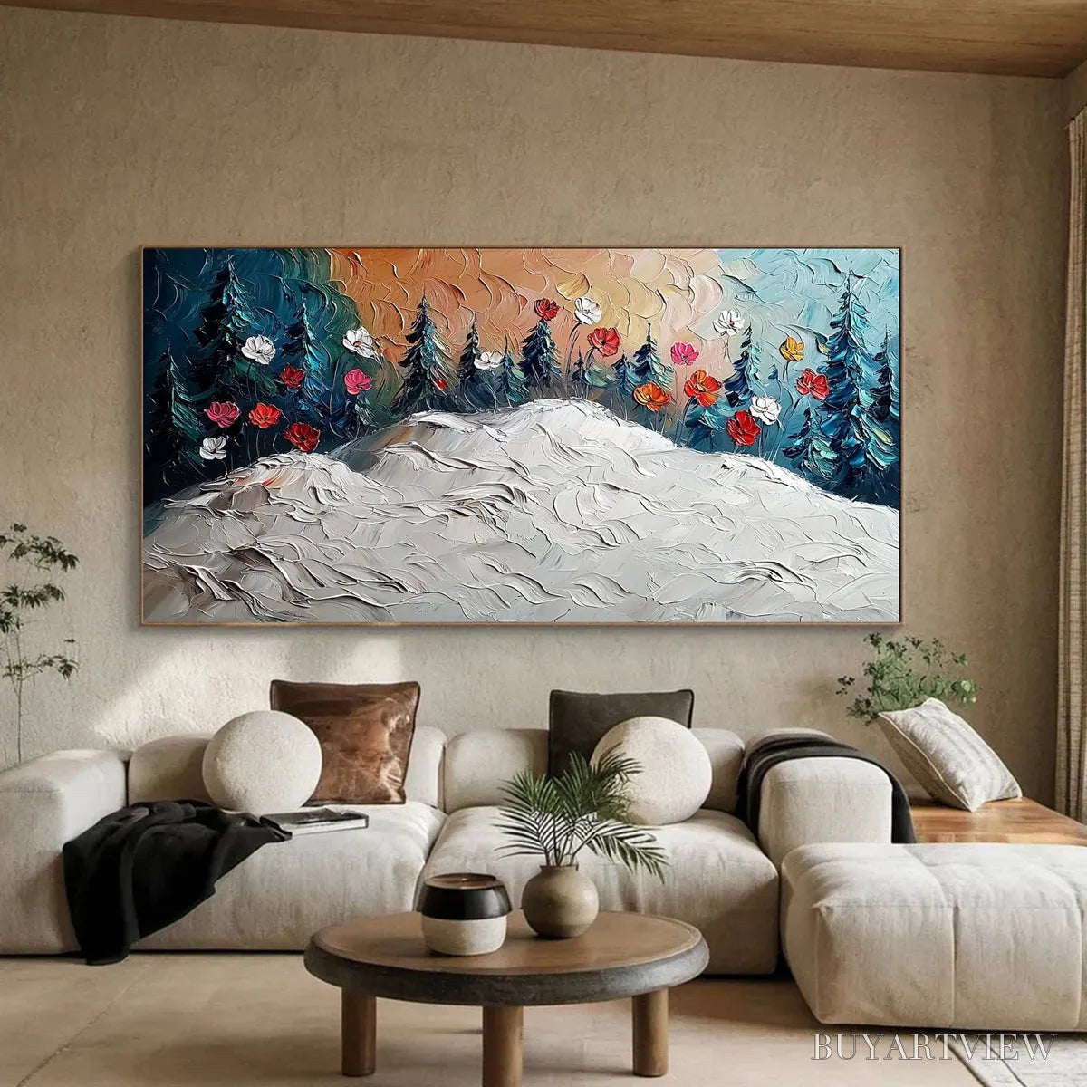 ARTOVITAS Frozen Bloom – Textured Impasto Landscape with Floral Accents - image 4