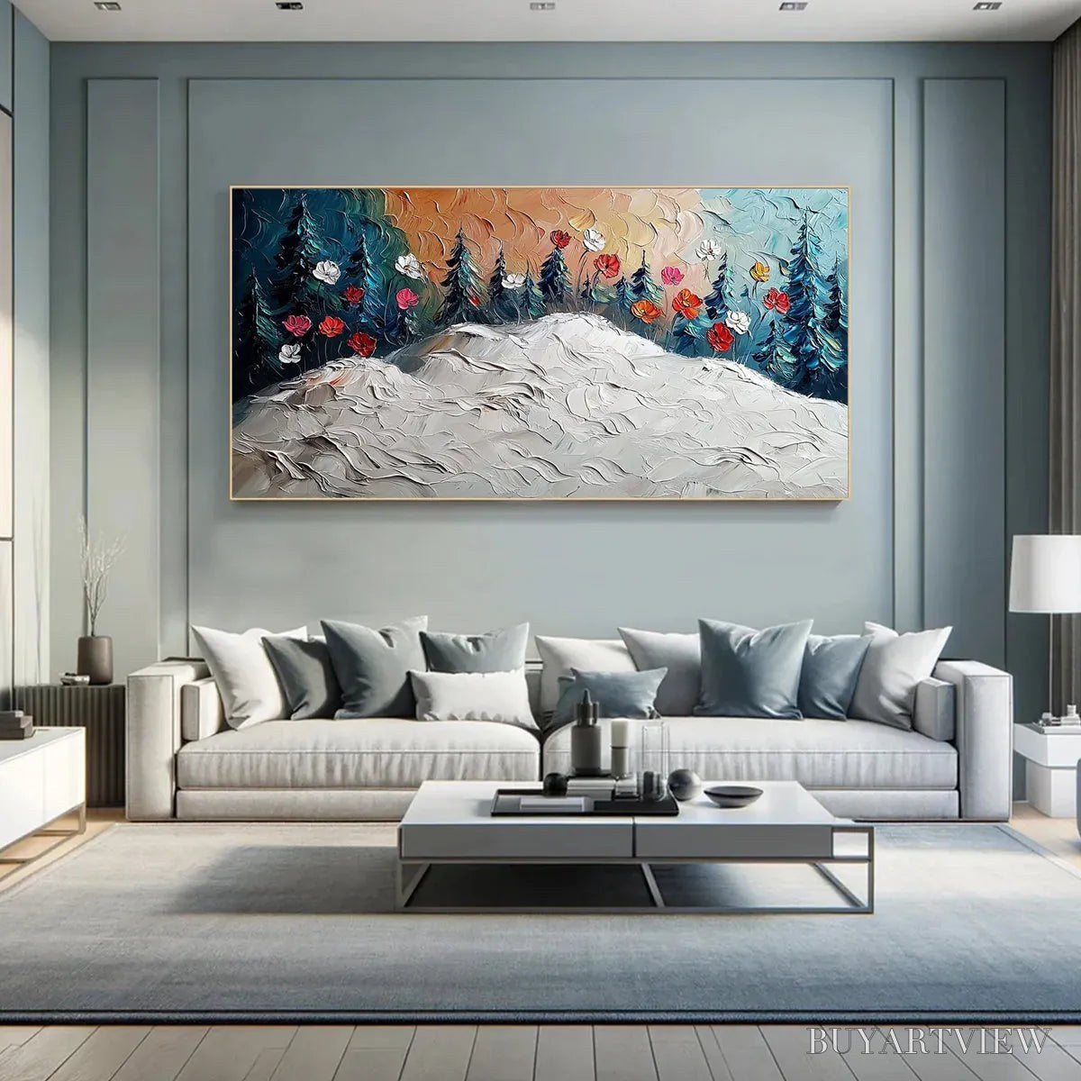 ARTOVITAS Frozen Bloom – Textured Impasto Landscape with Floral Accents - image 5
