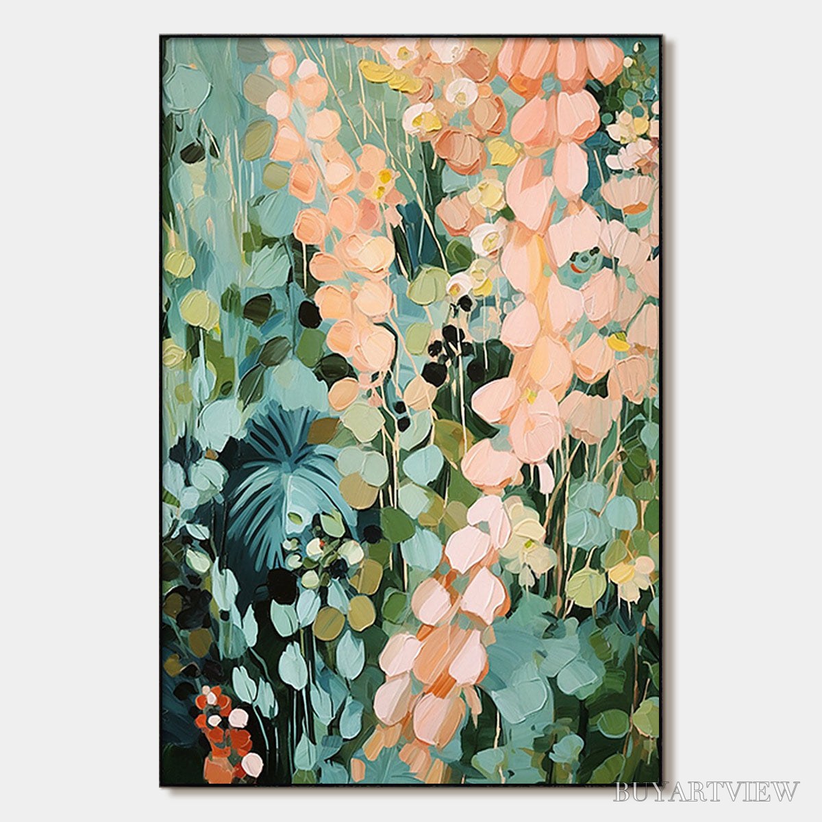 ARTOVITAS Secret Garden – Vertical Abstract Floral Painting, Textured Green and Pink Garden, Living Room, Bedroom,… - image 1