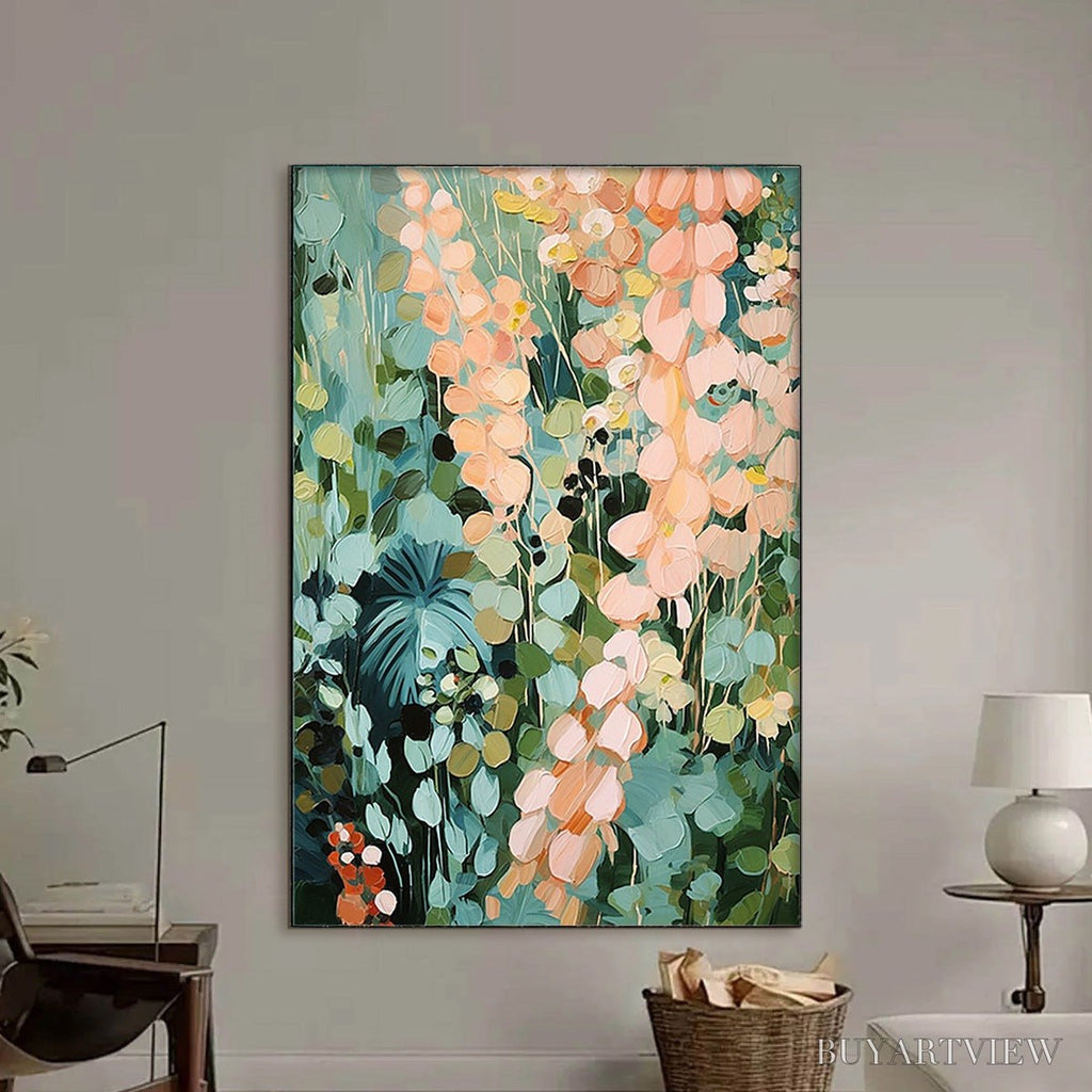 ARTOVITAS Secret Garden – Vertical Abstract Floral Painting, Textured Green and Pink Garden, Living Room, Bedroom,… - image 2