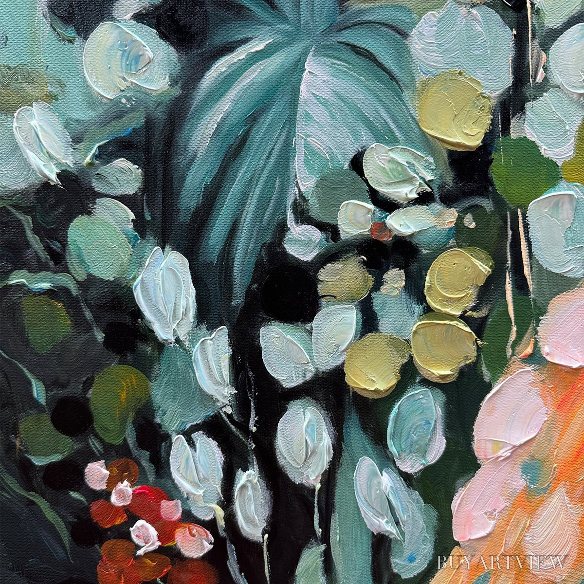 ARTOVITAS Secret Garden – Vertical Abstract Floral Painting, Textured Green and Pink Garden, Living Room, Bedroom,… - image 3
