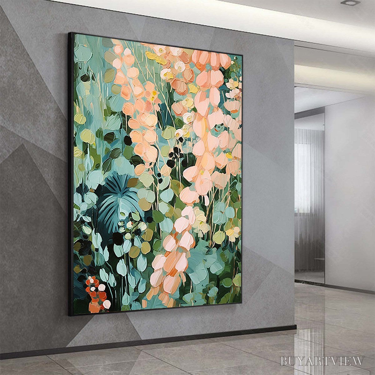 ARTOVITAS Secret Garden – Vertical Abstract Floral Painting, Textured Green and Pink Garden, Living Room, Bedroom,… - image 4