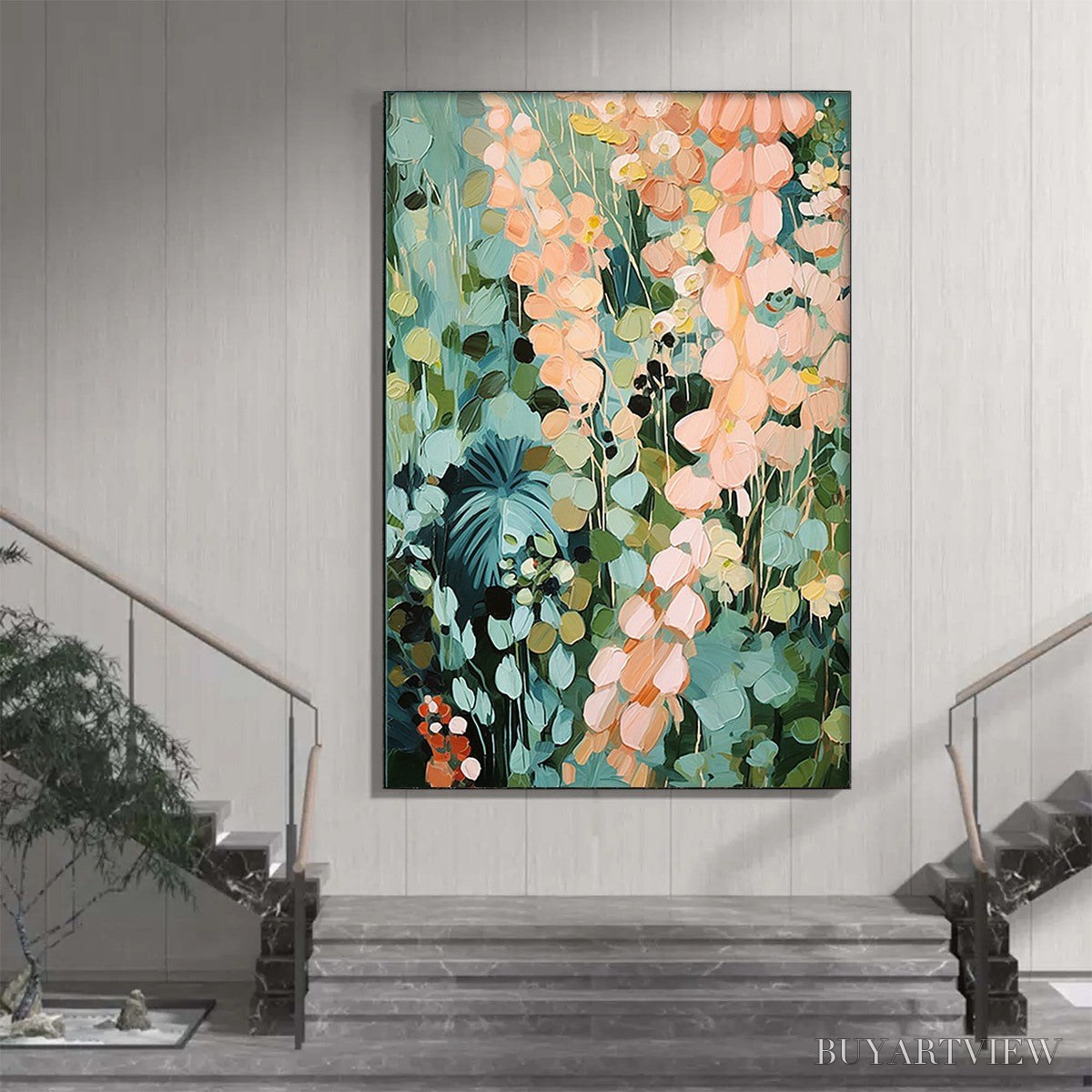 ARTOVITAS Secret Garden – Vertical Abstract Floral Painting, Textured Green and Pink Garden, Living Room, Bedroom,… - image 6