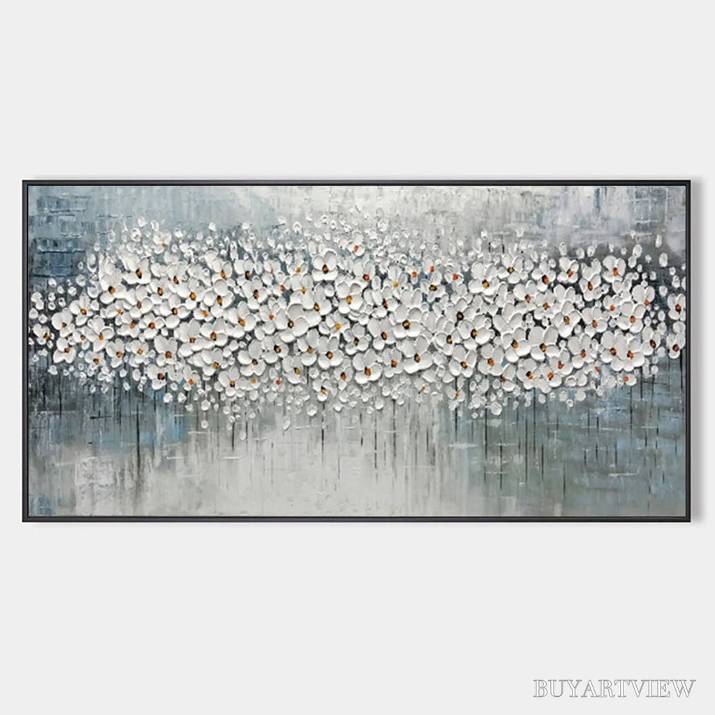 ARTOVITAS Winter Blossom – Panoramic Impasto Floral Oil Painting in White and Grey - image 1