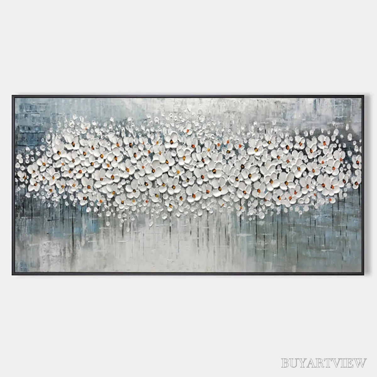 ARTOVITAS Winter Blossom – Panoramic Impasto Floral Oil Painting in White and Grey - image 1