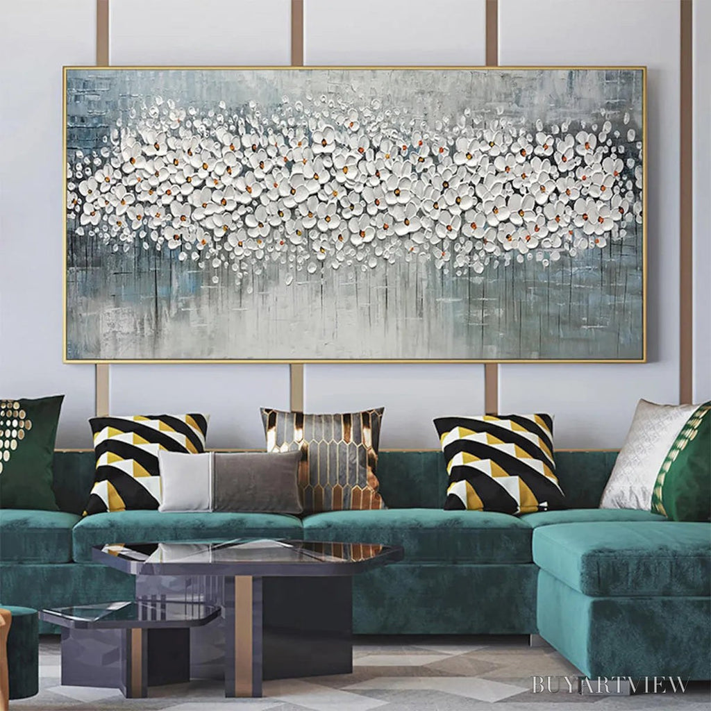 ARTOVITAS Winter Blossom – Panoramic Impasto Floral Oil Painting in White and Grey - image 2