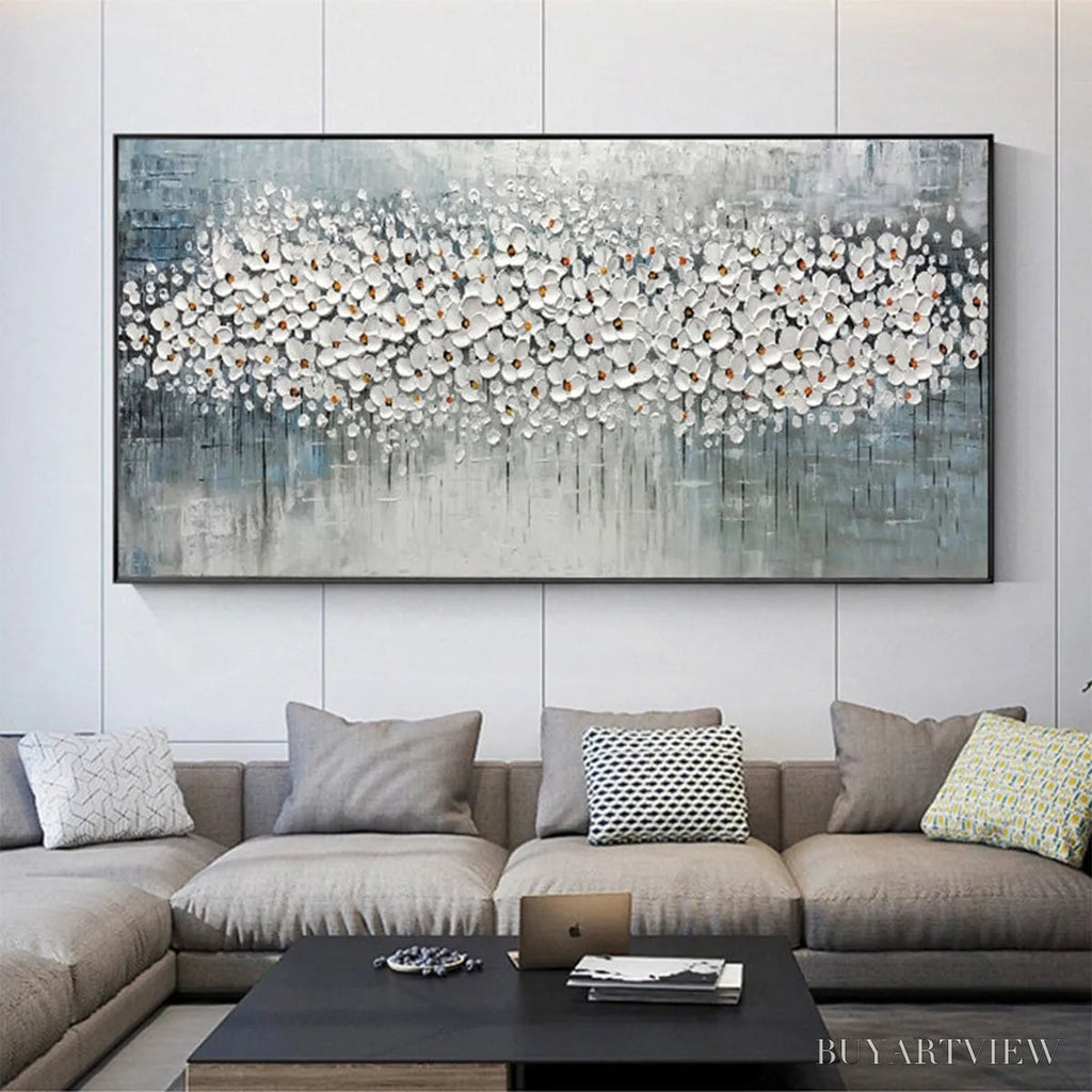ARTOVITAS Winter Blossom – Panoramic Impasto Floral Oil Painting in White and Grey - image 4