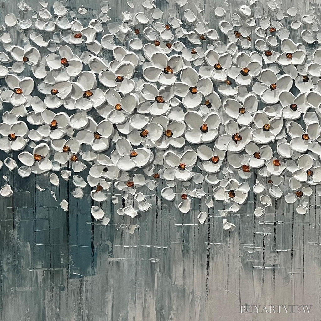 ARTOVITAS Winter Blossom – Panoramic Impasto Floral Oil Painting in White and Grey - image 5