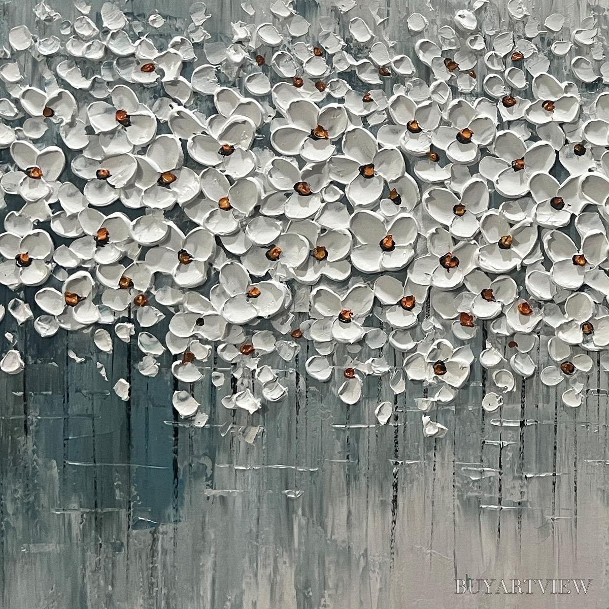 ARTOVITAS Winter Blossom – Panoramic Impasto Floral Oil Painting in White and Grey - image 5