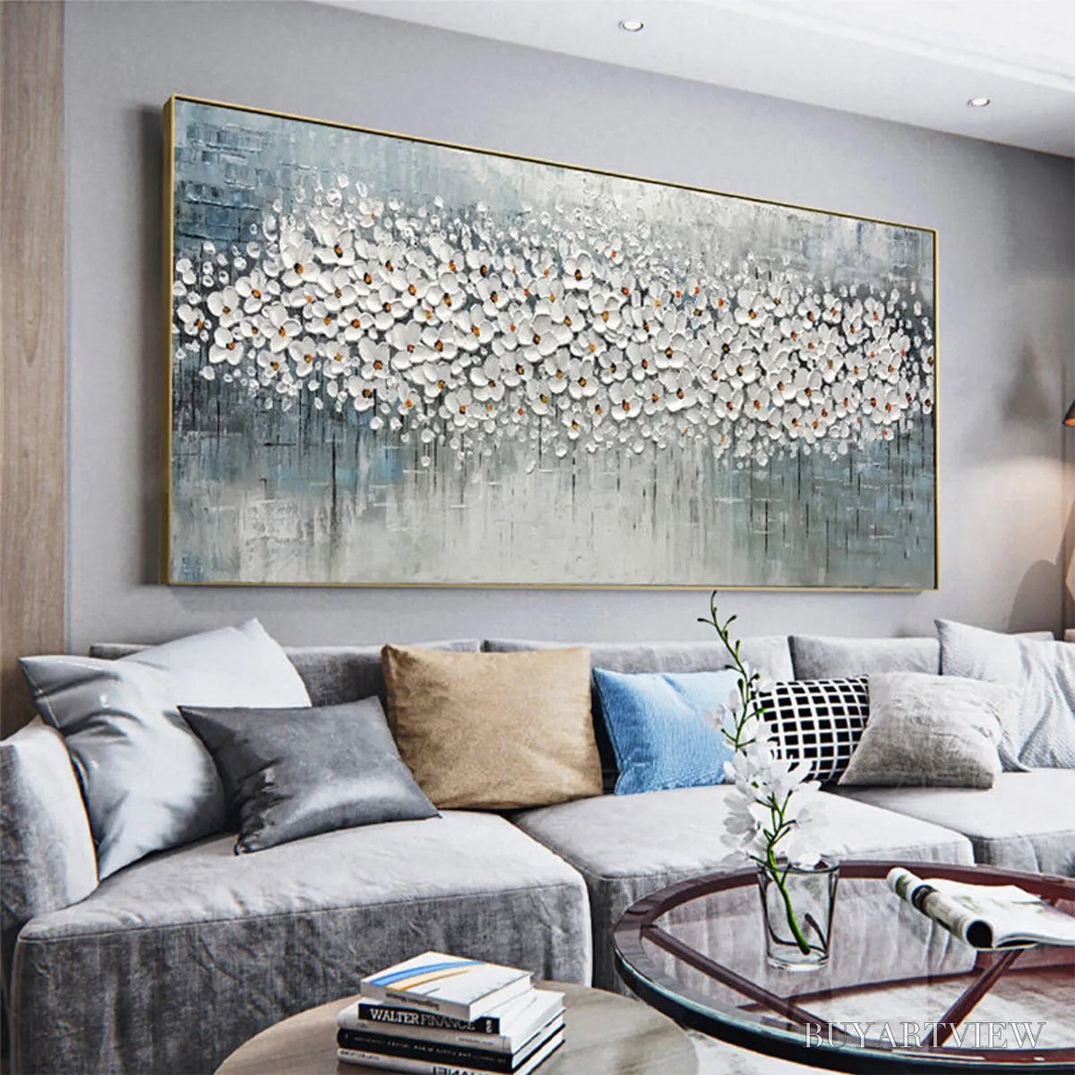 ARTOVITAS Winter Blossom – Panoramic Impasto Floral Oil Painting in White and Grey - image 6