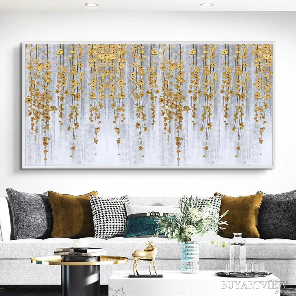 ARTOVITAS Golden Rain – Minimalist Floral Oil Painting in Gold and Grey - image 2