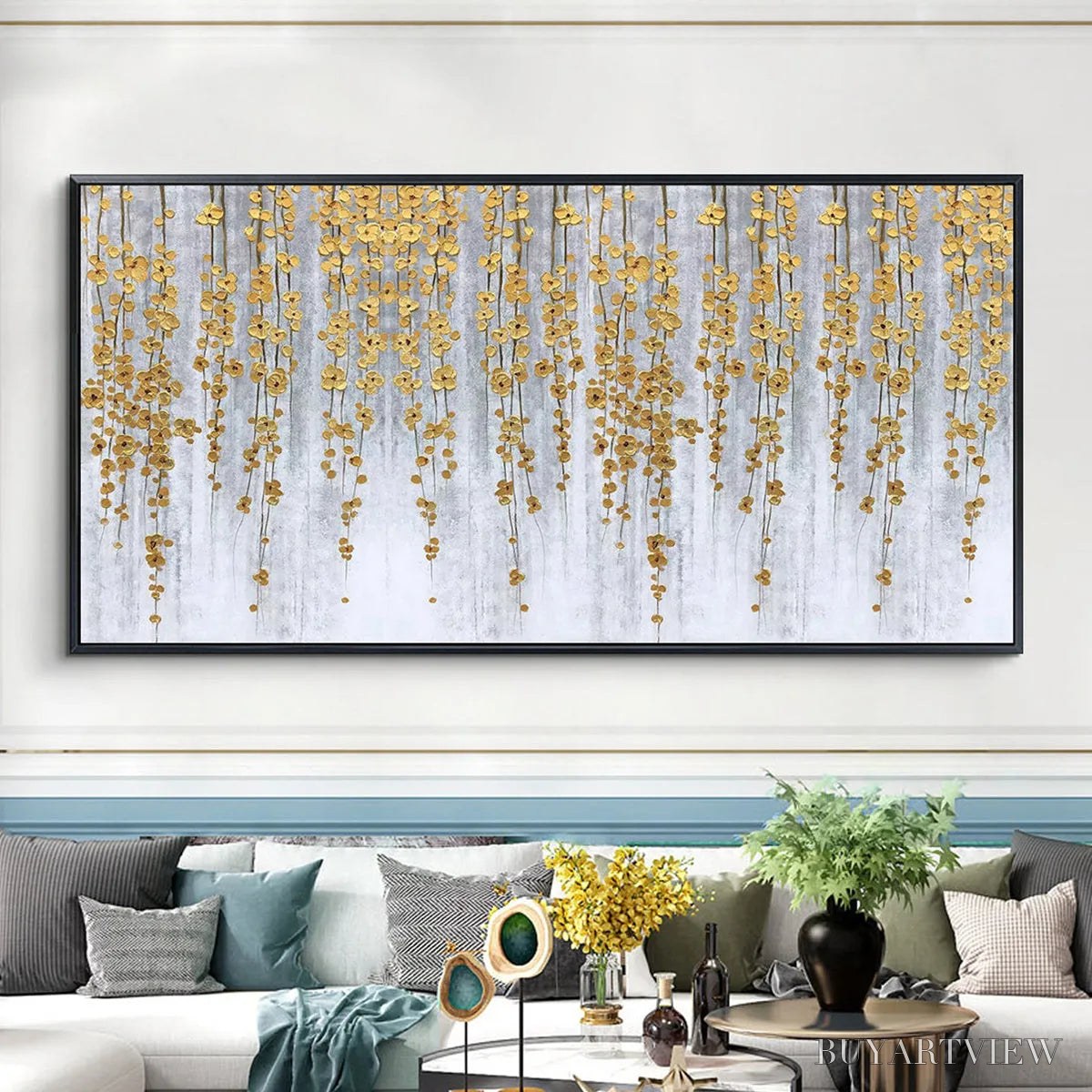 ARTOVITAS Golden Rain – Minimalist Floral Oil Painting in Gold and Grey - image 4