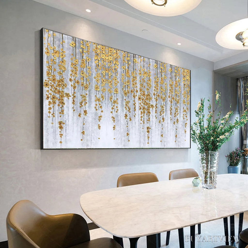 ARTOVITAS Golden Rain – Minimalist Floral Oil Painting in Gold and Grey - image 5