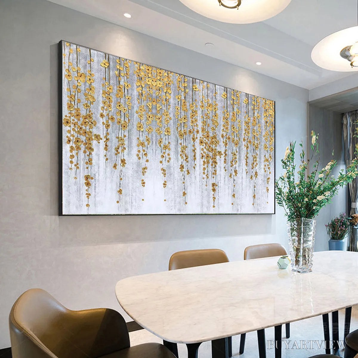 ARTOVITAS Golden Rain – Minimalist Floral Oil Painting in Gold and Grey - image 5