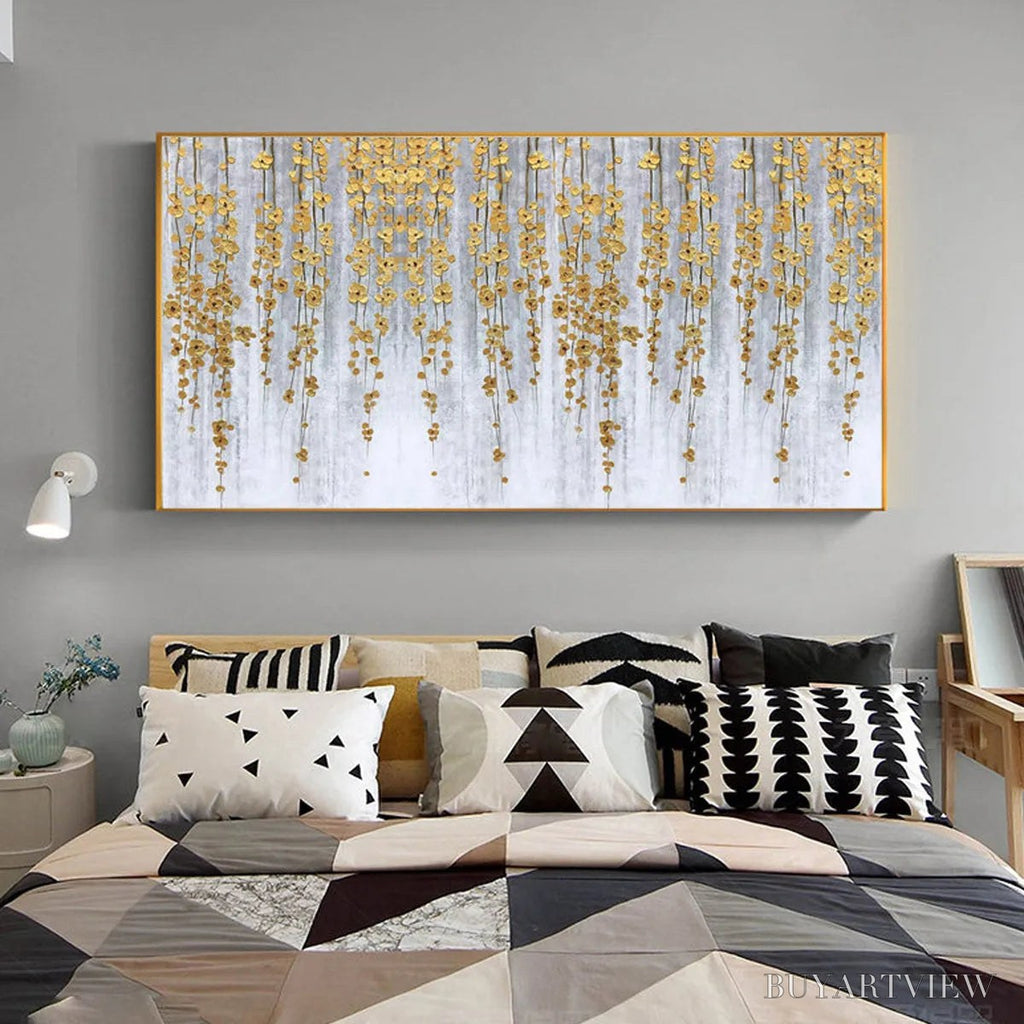 ARTOVITAS Golden Rain – Minimalist Floral Oil Painting in Gold and Grey - image 6