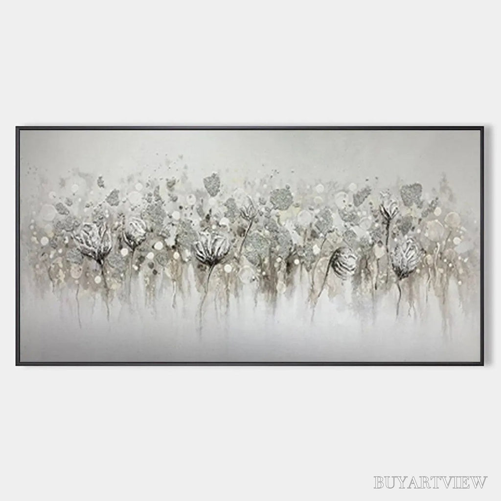 ARTOVITAS Silver Mist – Minimalist Floral Oil Painting in Silver and Grey - image 1