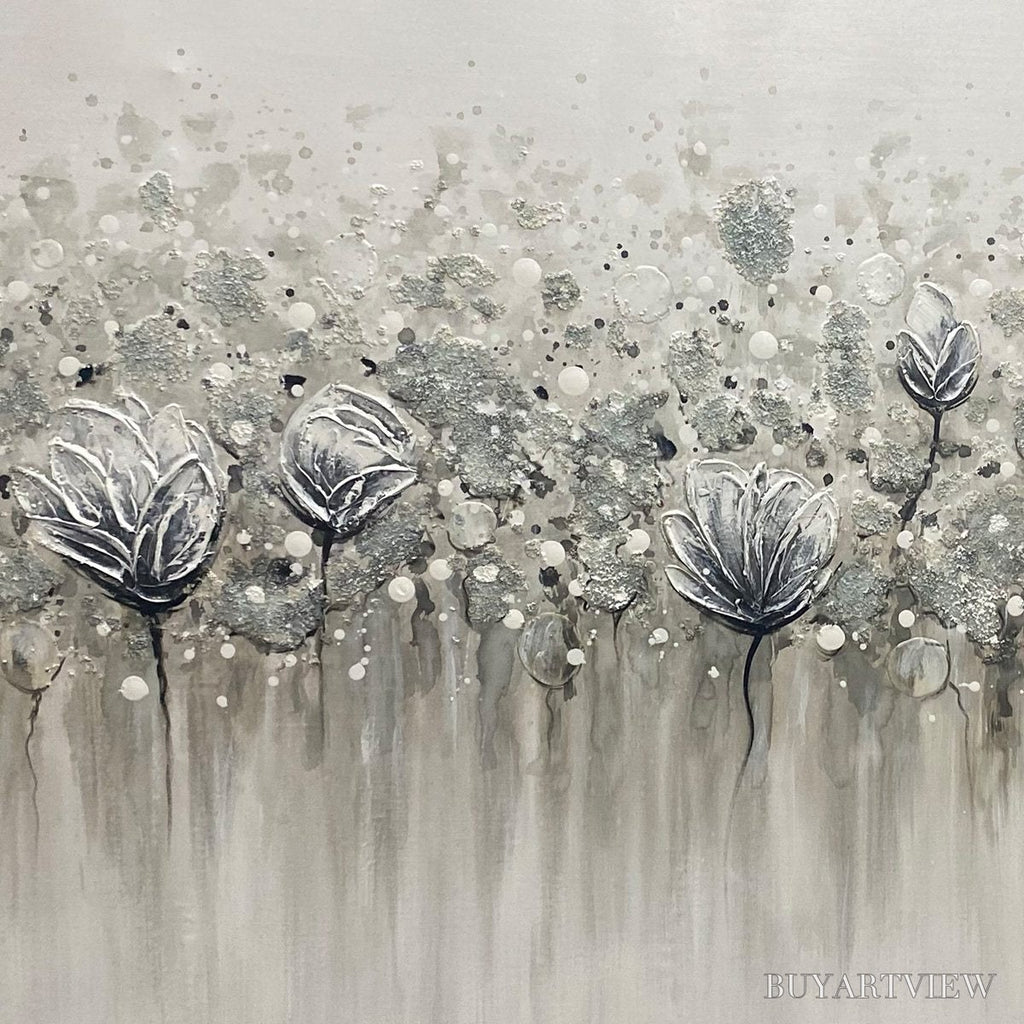 ARTOVITAS Silver Mist – Minimalist Floral Oil Painting in Silver and Grey - image 5