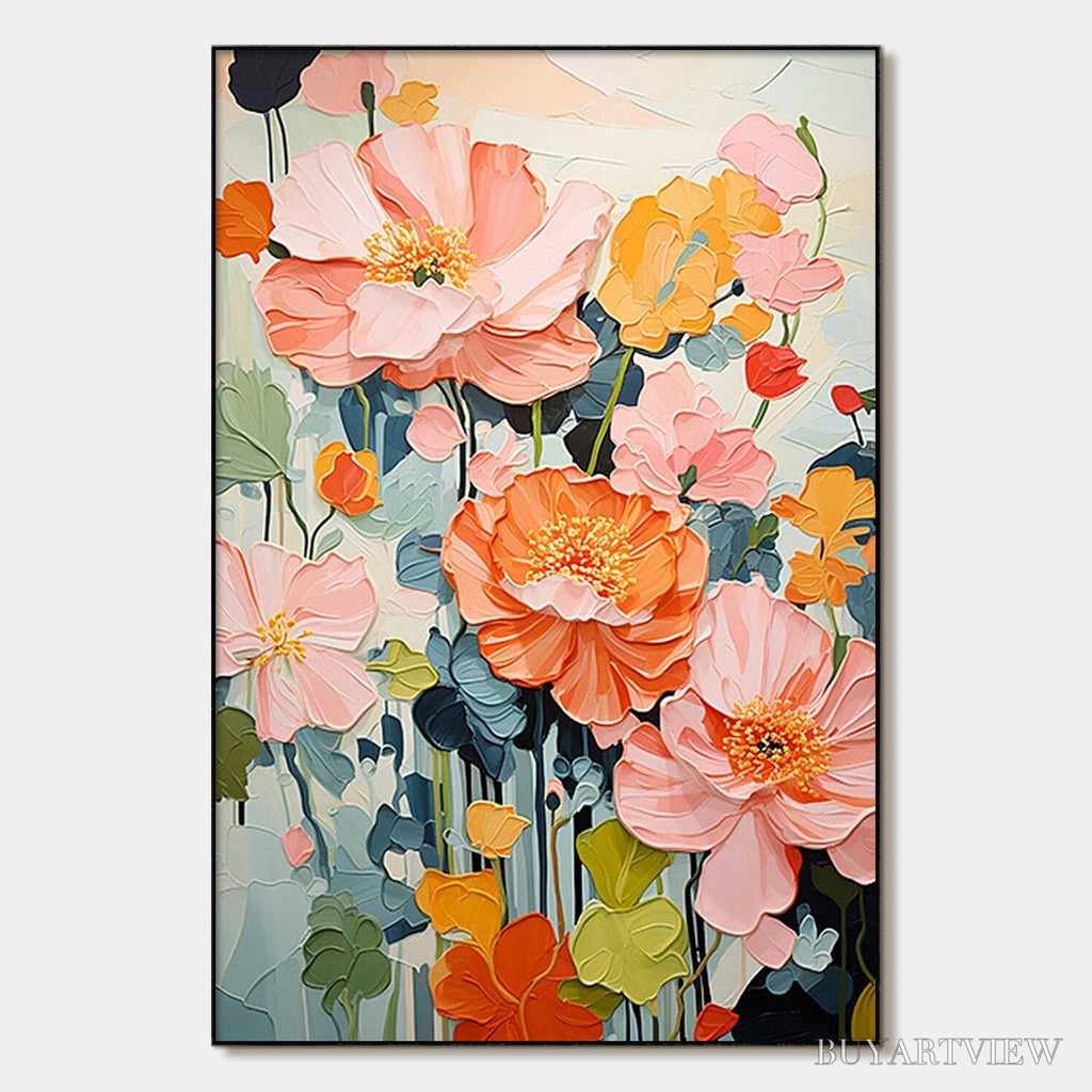 ARTOVITAS Spring Bouquet – Vertical Textured Floral Painting, Impasto Pink and Orange Flowers, Living Room, Bedroom,… - image 1